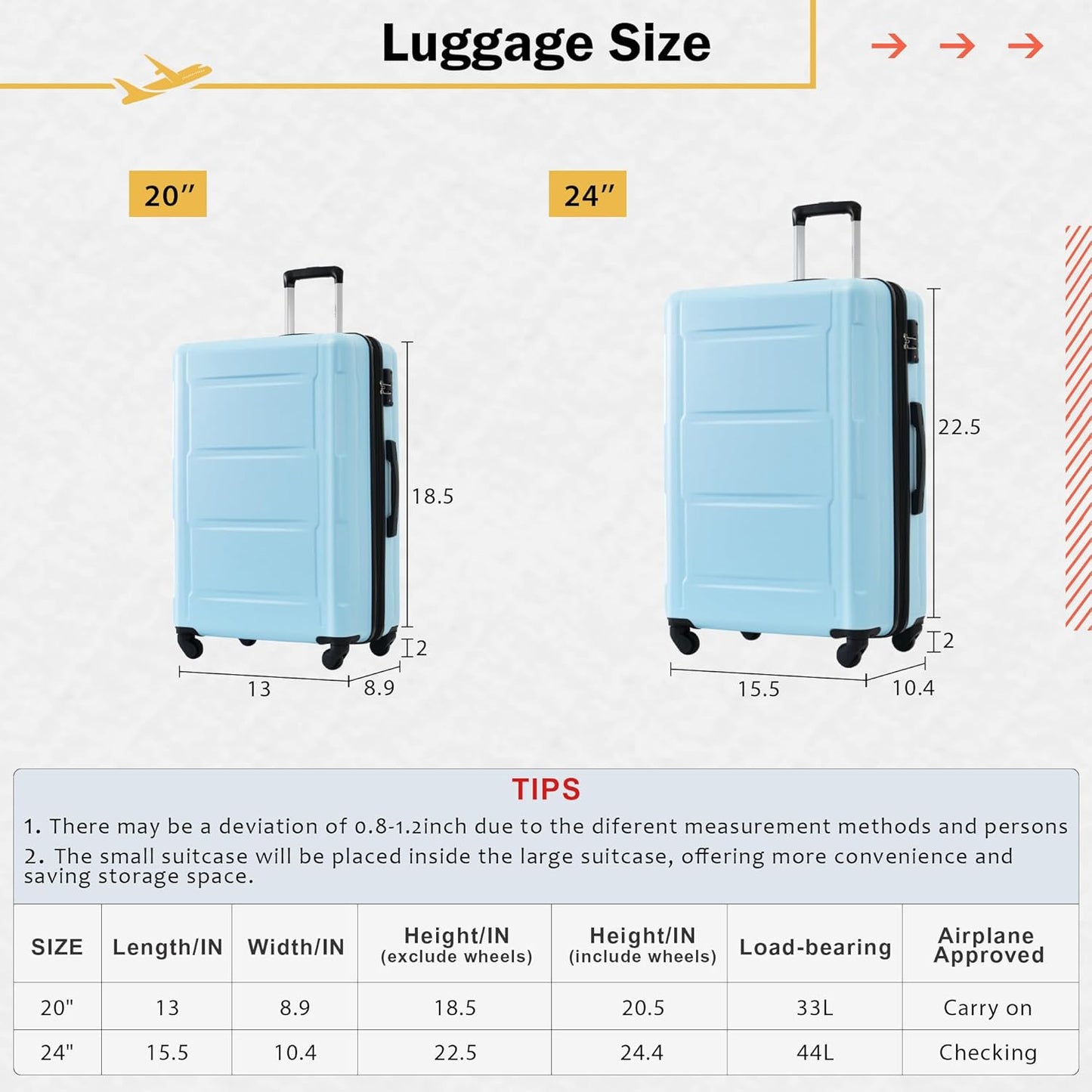 Merax Luggage Set 2 Piece Suitcase Sets with Spinner Wheel,Lightweight Hardside Expandable Travel Laggage with TSA Lock,Suitcase with Travel Bag(20"/24",Baby Blue)