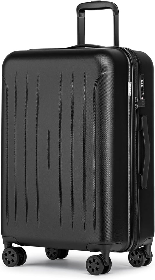 KYME 24-Inch Medium Luggage with Dual 360° Spinner Wheels Hardshell Checked TSA Approved Suitcase for Lightweight Travel (Black, 24" Checked)