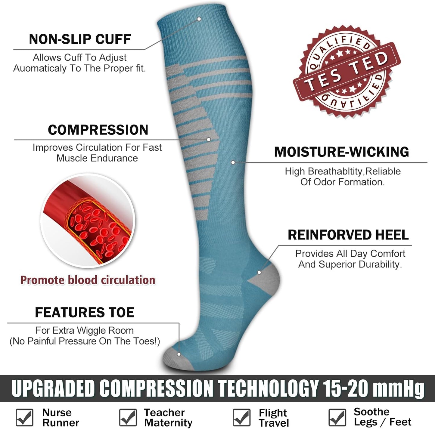 6 Pack Copper Compression Socks for Women and Men Circulation-Best Support for Medical, Running,Nursing,Athletic