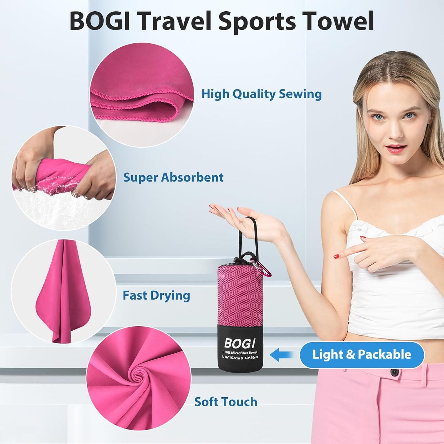 BOGI Microfiber Travel Sports Towel-Quick Dry Towel, Soft Lightweight Microfiber Camping Towel Absorbent Compact Travel Towel for Camping Gym Yoga Swimming Backpacking (XL:72''x32''+16''x16''-Hpink)