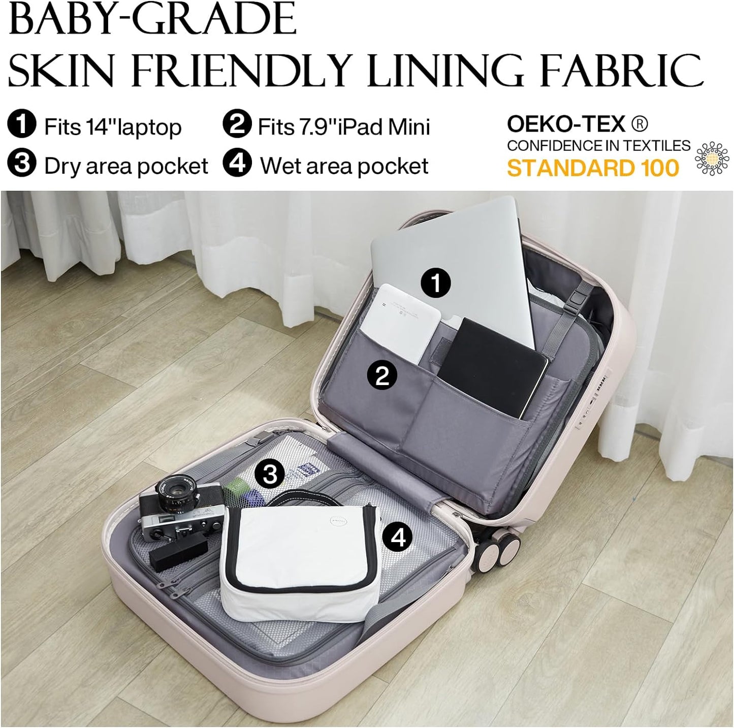 mixi Carry on Luggage, Suitcase with Spinner Wheels 16in Luggage Hardshell Lightweight Rolling Suitcases PC with Cover & TSA Lock, Off White（Slight Pink）