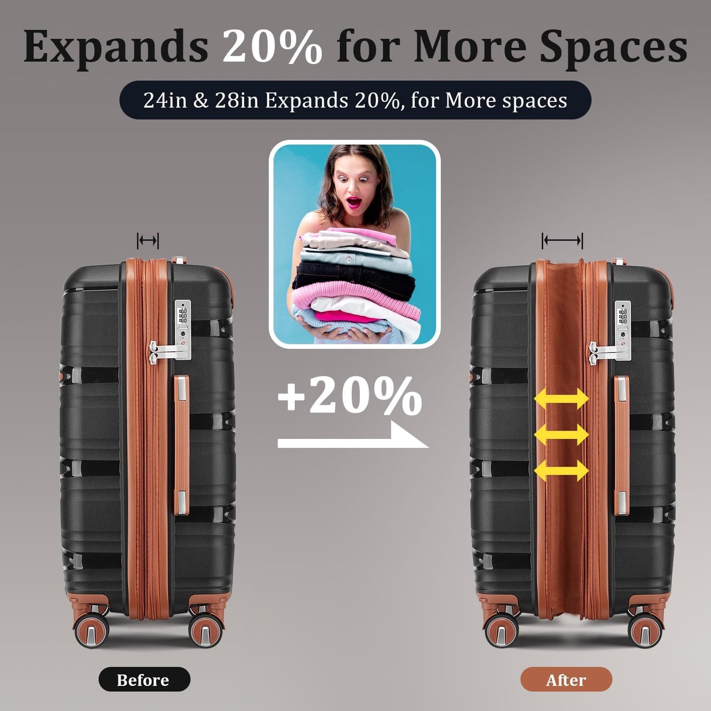 4-Piece Expandable Hardshell Luggage Set with TSA Lock (14/20/24/28) - Lightweight PP Suitcases, 360° Silent Spinner Wheels and Durable 100LB Handle for Air Travel (Black)