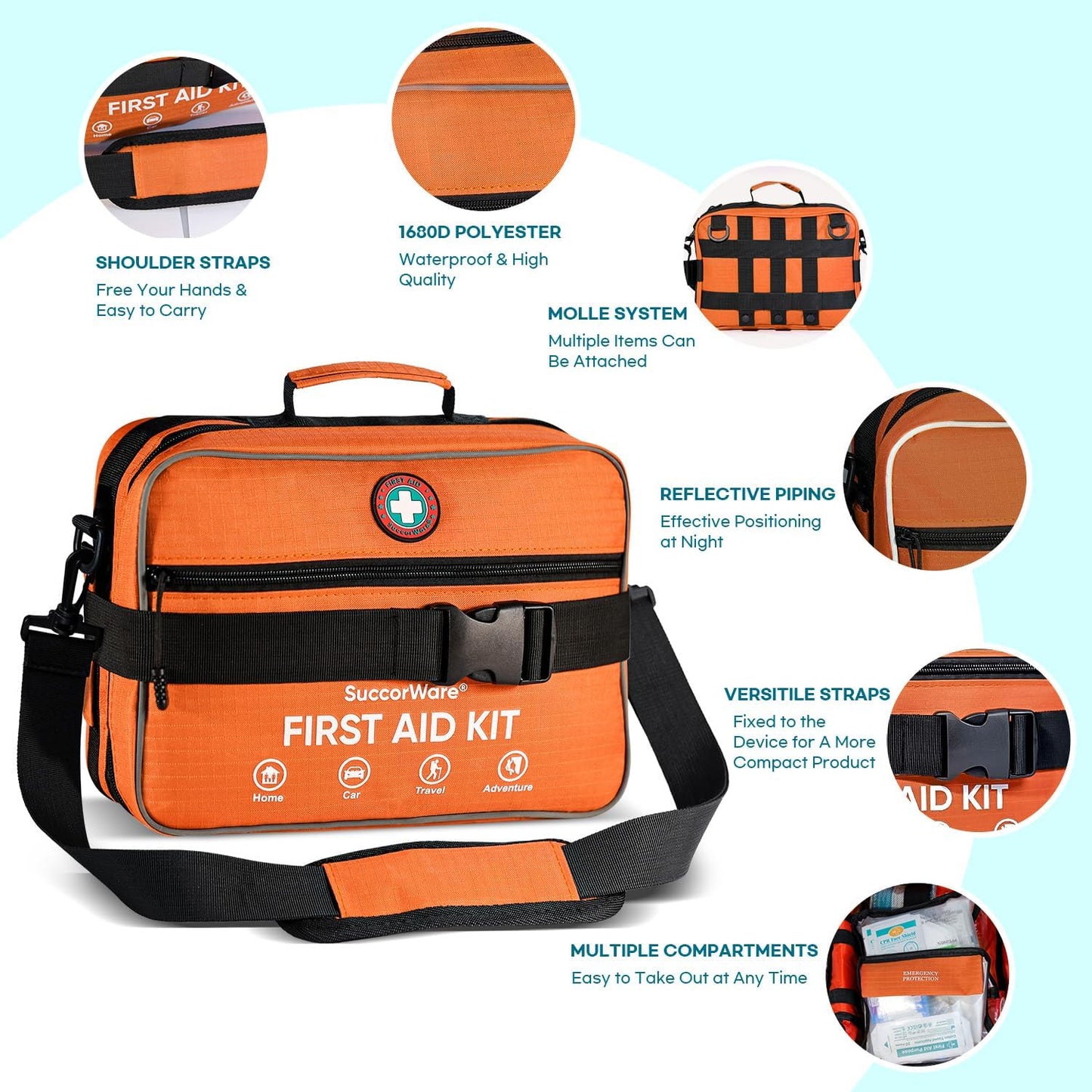 Professional 435 Pieces Large First Aid Kit - Includes CPR & Compressed Gauze - Compartments Emergency Medical Kit for Home, Camping, Backpacking, Travel, Boat, Car,Outdoors(Orange)
