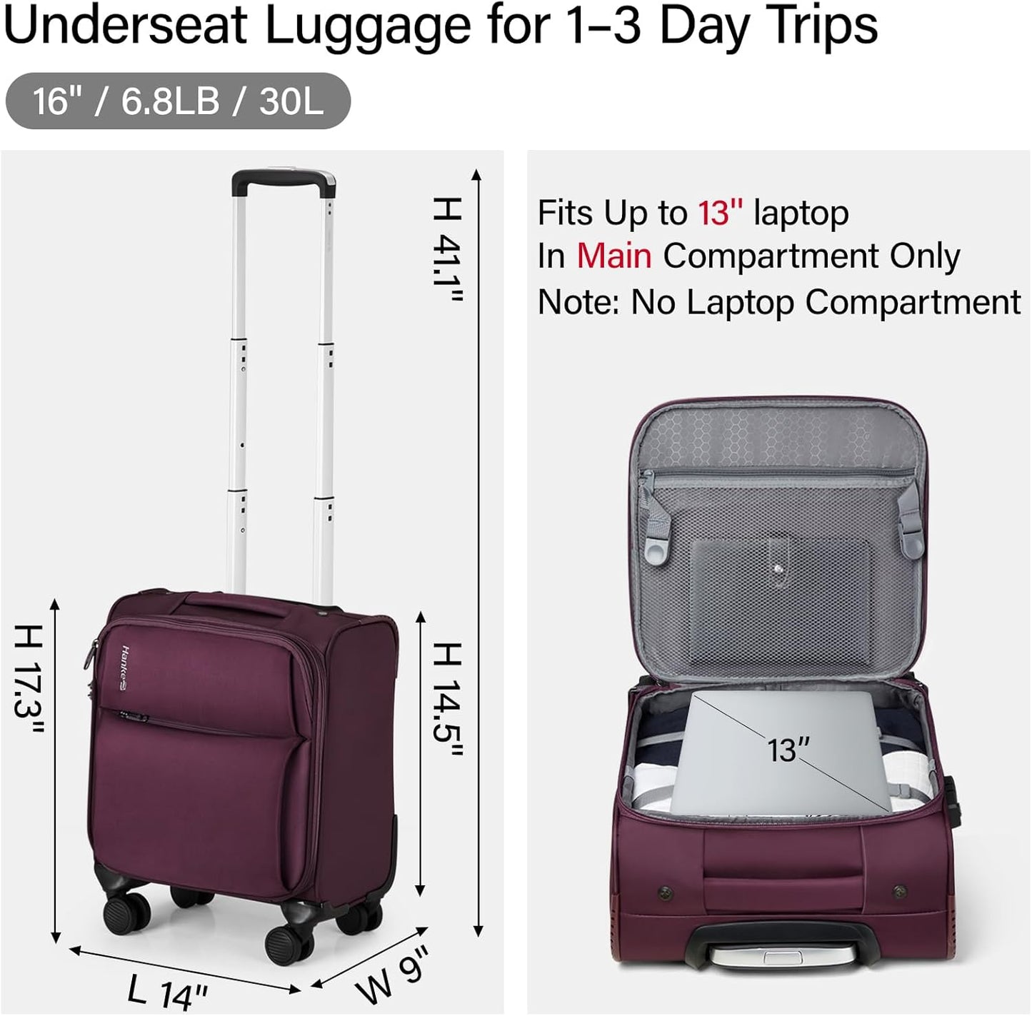 Hanke 16 Inch Underseat Carry On Luggage with Spinner Wheels Airline Approved, Small Rolling Suitcase Softside Underseater Lightweight TSA Travel Roller Suitcase Carry-On Bag(Purple)