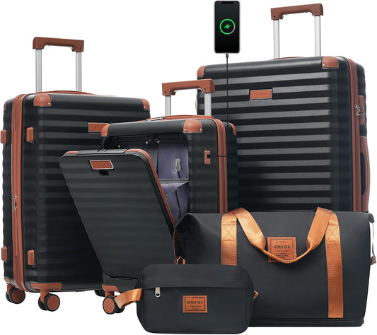 Merax Luggage Sets 3 Piece Front Opening, Hardside Lightweight Carry on Suitcase with Cup Holder USB Port,Durable Expandable Luggage with Bags Spinner Wheels and TSA Lock,Black and Brown