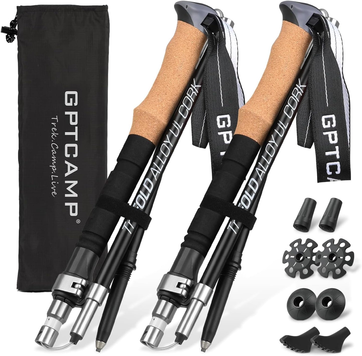GPTCAMP Nordic Walking Stick, TPZ-1, 2pc Folding Collapsible Hiking Poles with Metal Quick Lock, Cork Handle, Lightweight 7075 Aluminum Trekking Poles for Seniors Women Men Hiking Gear