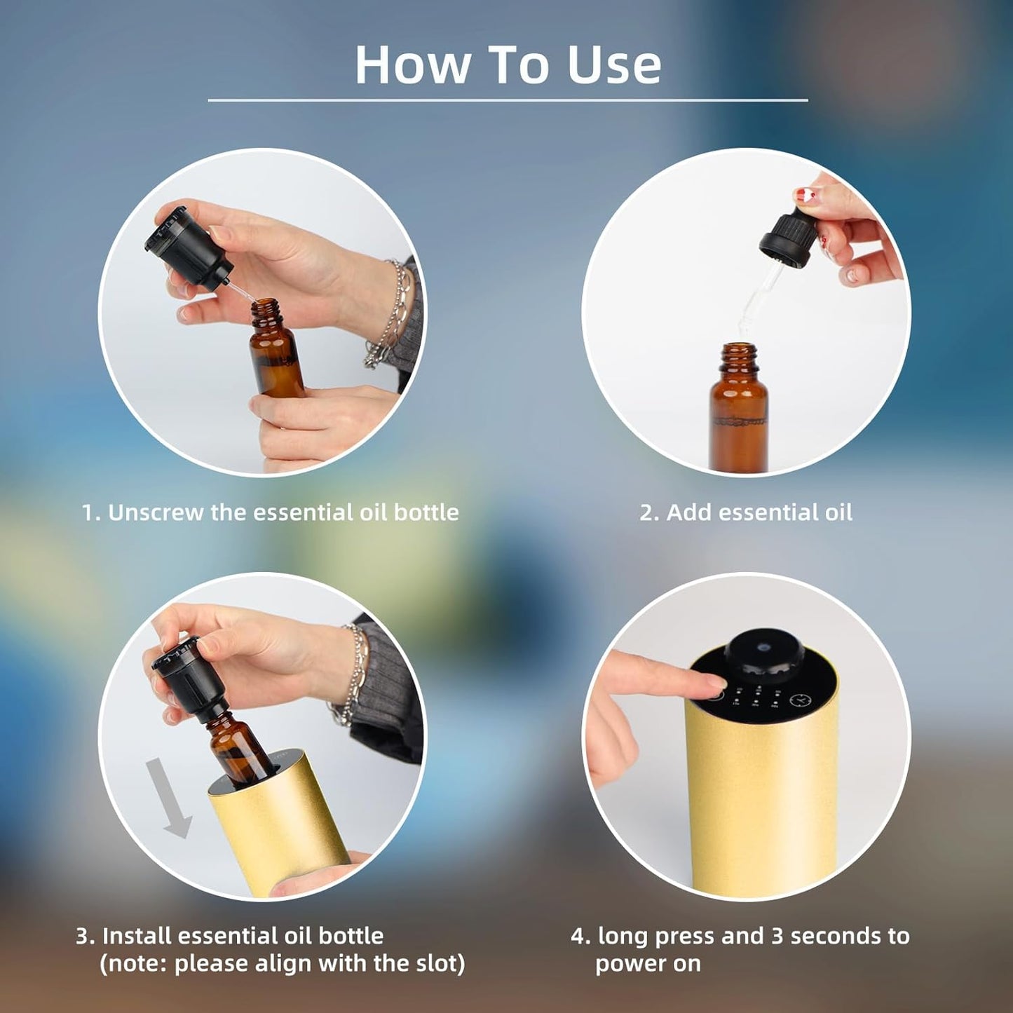 Waterless Essential Oil Diffuser for Home Battery Operated Cordless Scent Diffuser with Timing & 3 Mist Levels car Diffuser， Aluminum Alloy