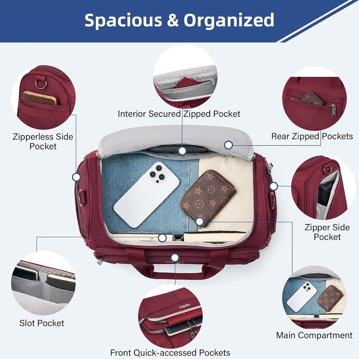 Carry on Duffel Bag Foldable Duffle Bags for Travel, Under Seat Personal Item Bags for Airplanes, Weekender Overnight Mens Travel Tote Bag for Women Small Softside Carry on Luggage (Burgundy)