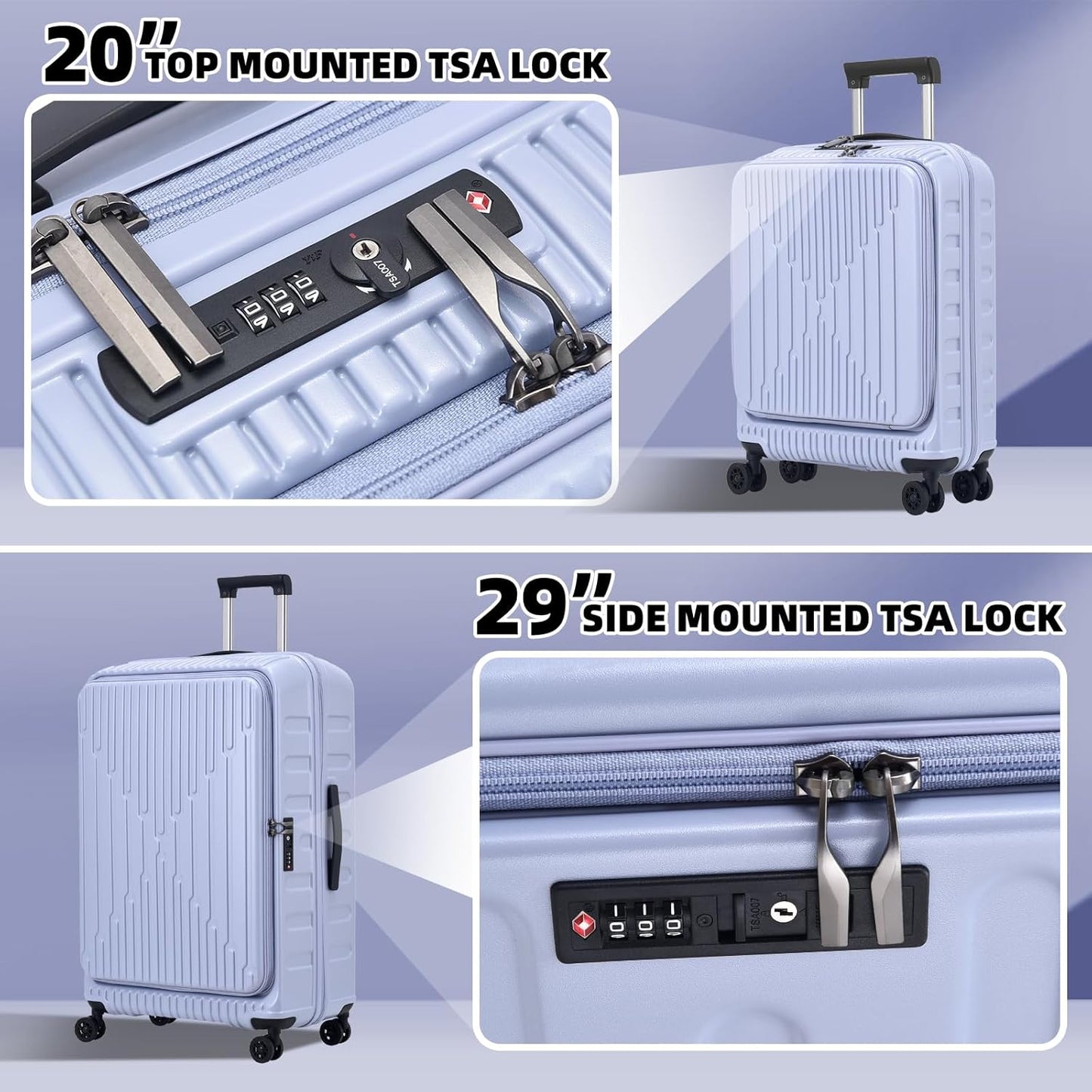 2 Pieces 20/29 Luggage Sets, 20 Inch Cabin Luggage with Front Pocket & 29 Inch Side Opening Suitcase, Ligthweight ABS+PC Hardshell, TSA Lock with HINOMOTO 360° Wheels, Lilac Purple