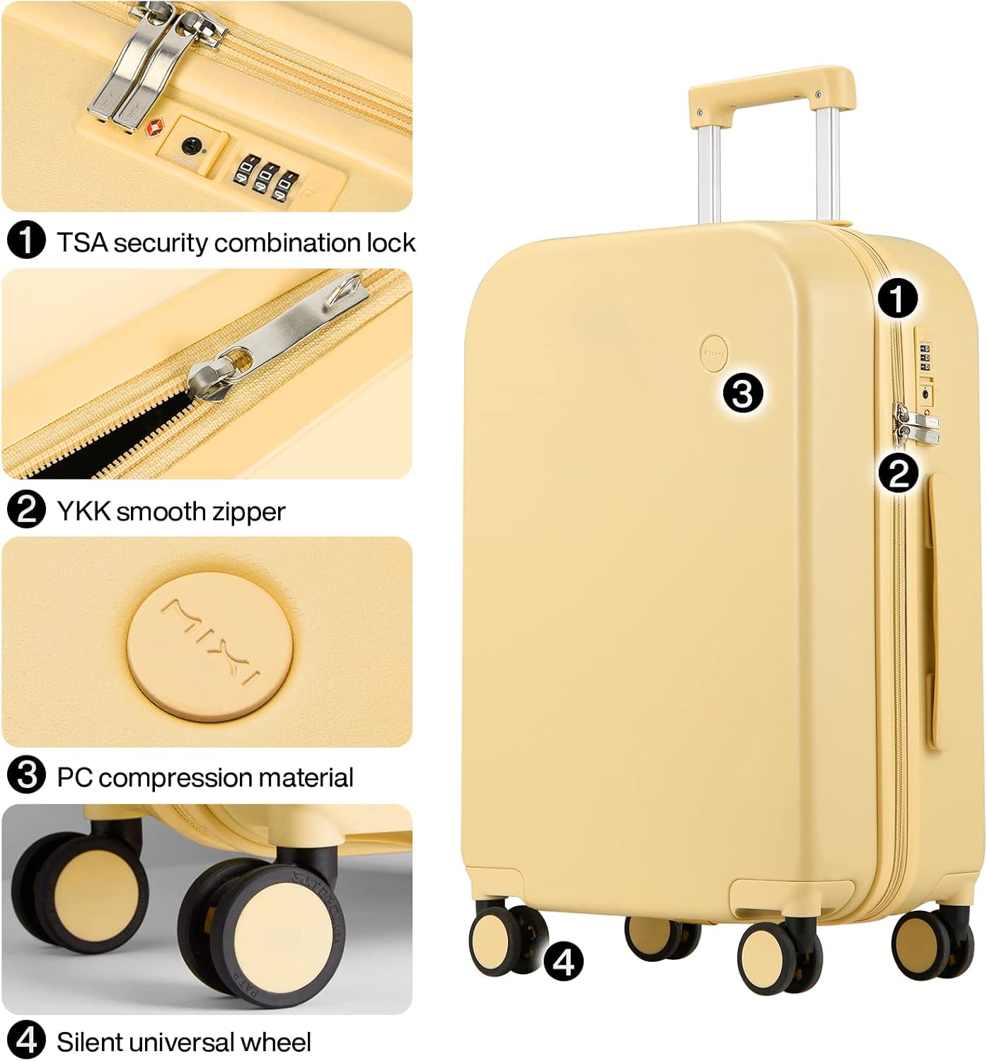 mixi Luggage Suitcase with Spinner Wheels, Hardside Rolling Suitcase PC with Cover & TSA Lock Lightweight Travel Case 26in Checked in, Lark Yellow