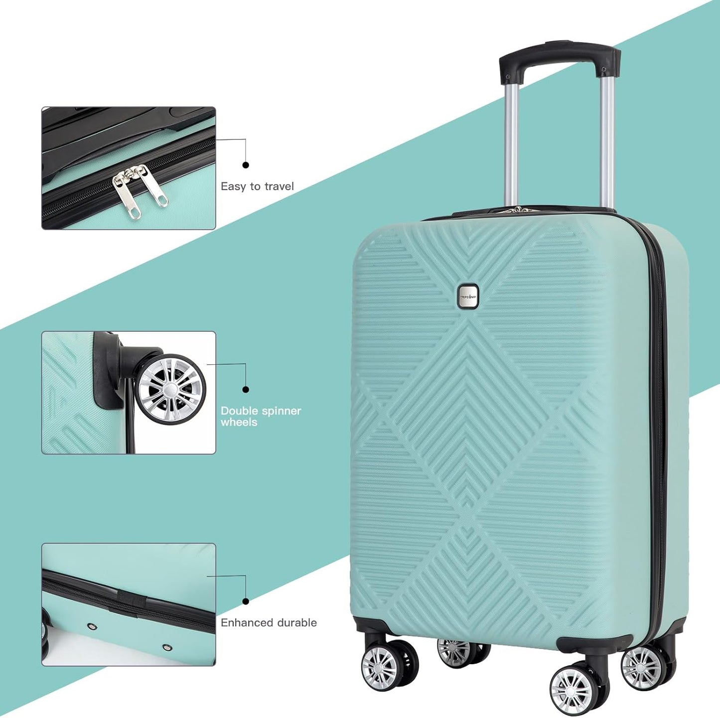 Luggage 4 Piece Set, Hardshell ABS Suitcase Set with Double Spinner Wheels, Lightweight Suitcase, Carry On and Checked Travel Luggage, Aqua Blue