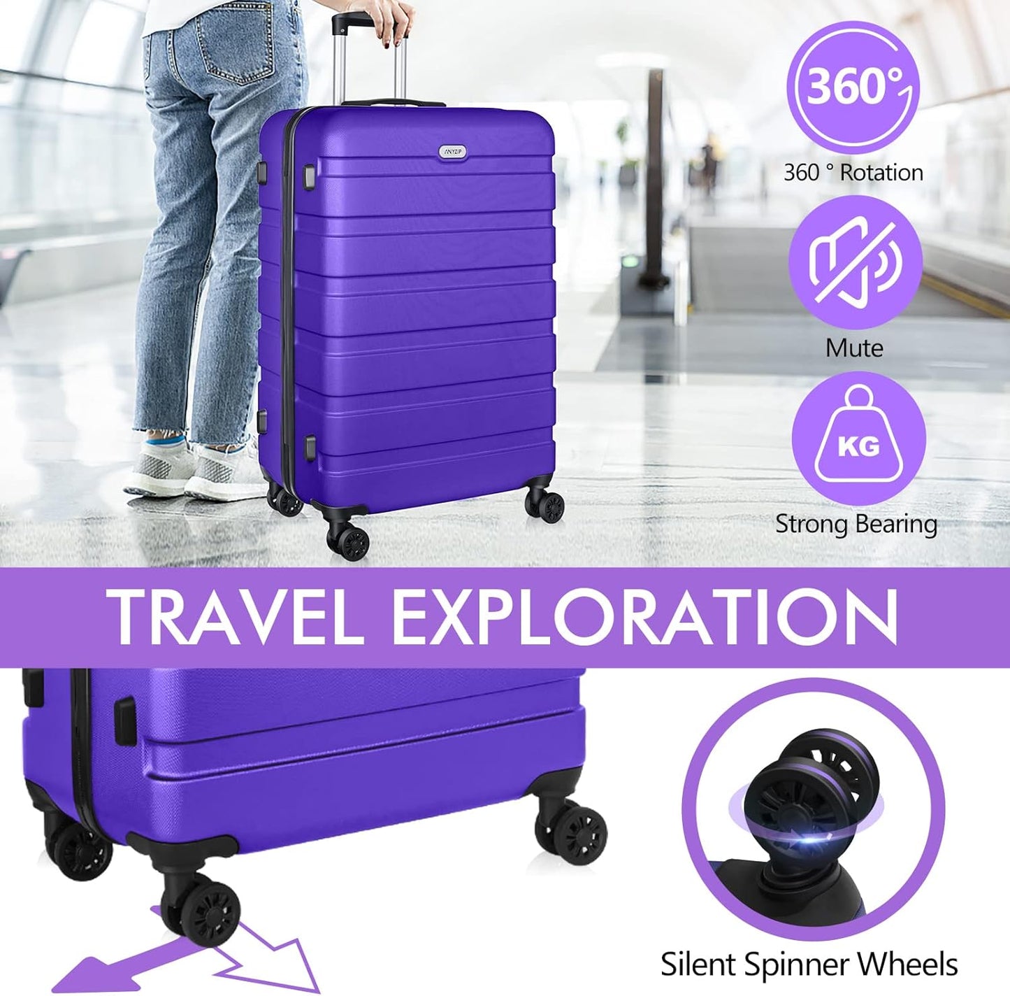 AnyZip Luggage PC ABS Hardside Lightweight Suitcase with 4 Universal Wheels TSA Lock Carry-On 20 Inch Violet Purple