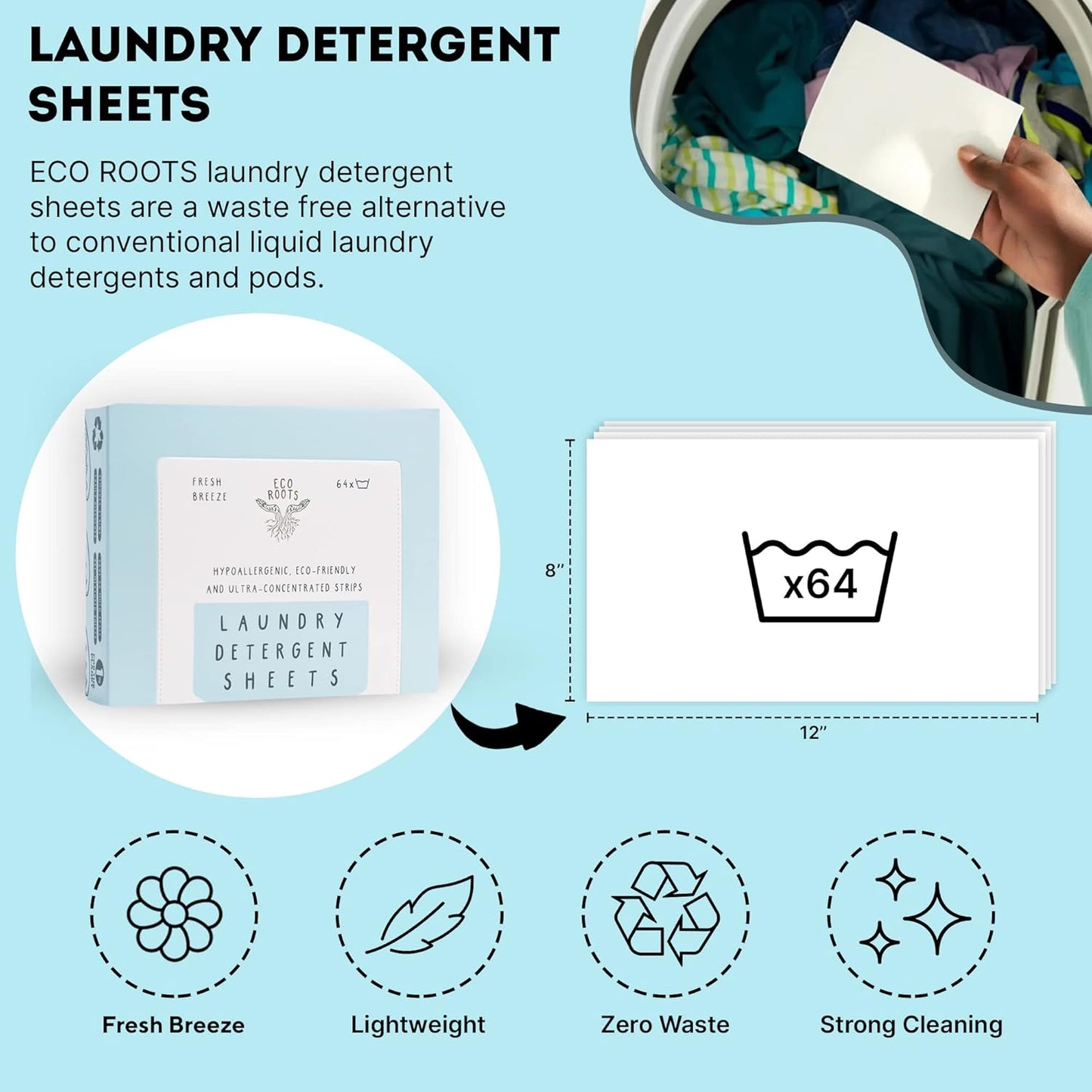 Eco Roots Laundry Detergent Sheets – 64 Loads Eco-Friendly Fresh Breeze Laundry Sheets, Travel Size, Biodegradable & Hypoallergenic – Zero-Waste Detergent Alternative