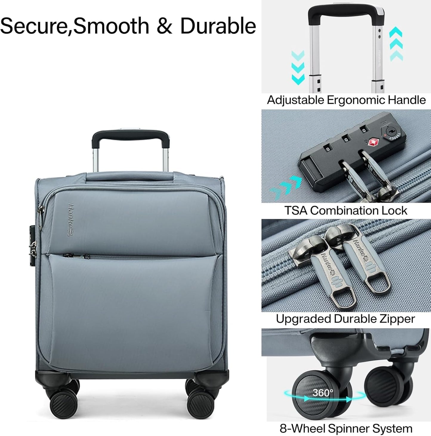 Hanke 16 Inch Underseat Carry On Luggage with Spinner Wheels for Airline, Small Softside TSA Approved Luggage Lightweight Rolling Suitcases Under Seat Travel Carry-On Bag(Grey)