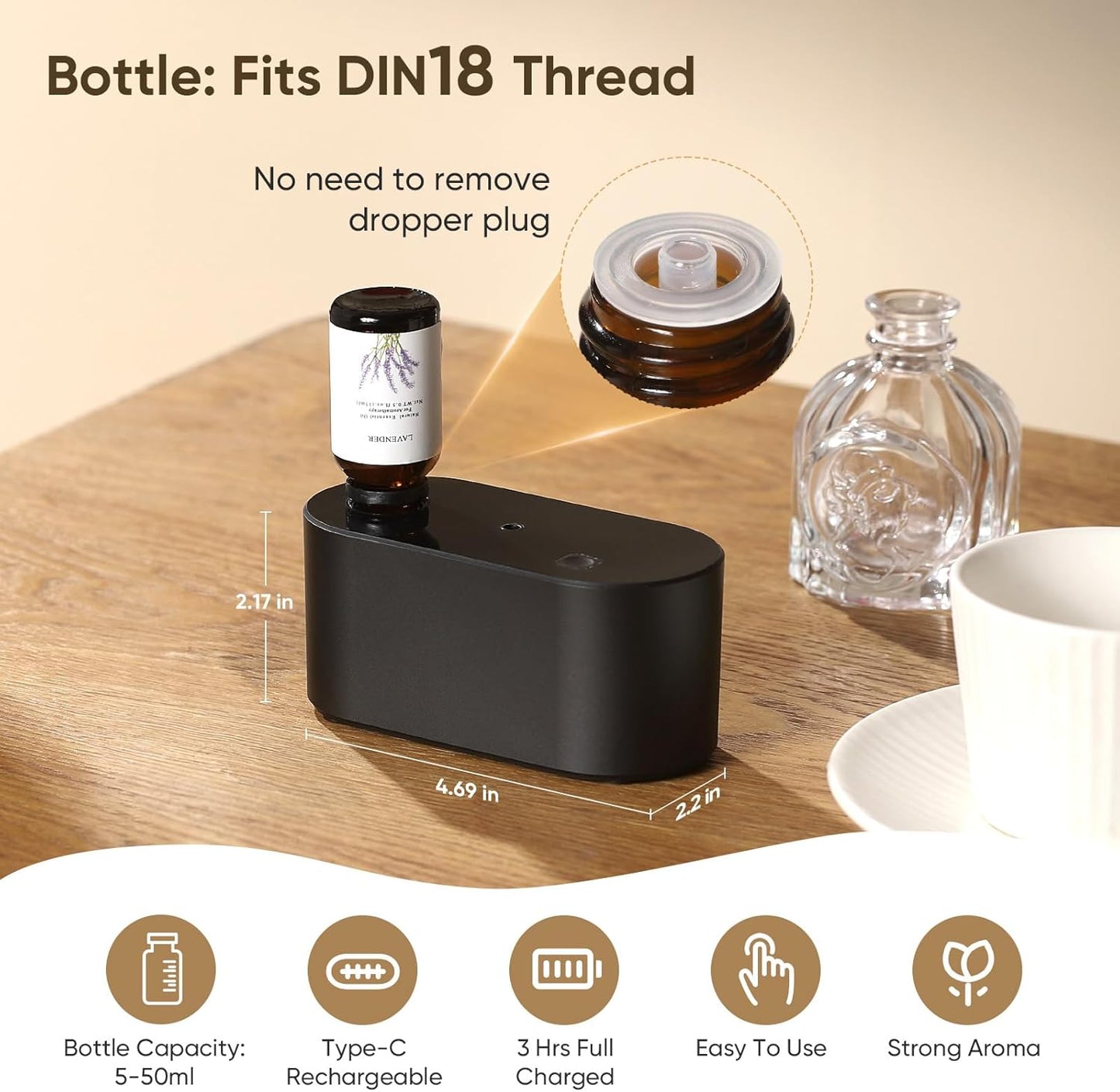 Waterless Diffuser for Essential Oil Nebulizer, Mini Scent Air Machine, Aromatherapy Atomizing Diffuser, 3 Mist Modes, Cycle Start for Bedroom, Home, Office 160 sq. ft Scent Black