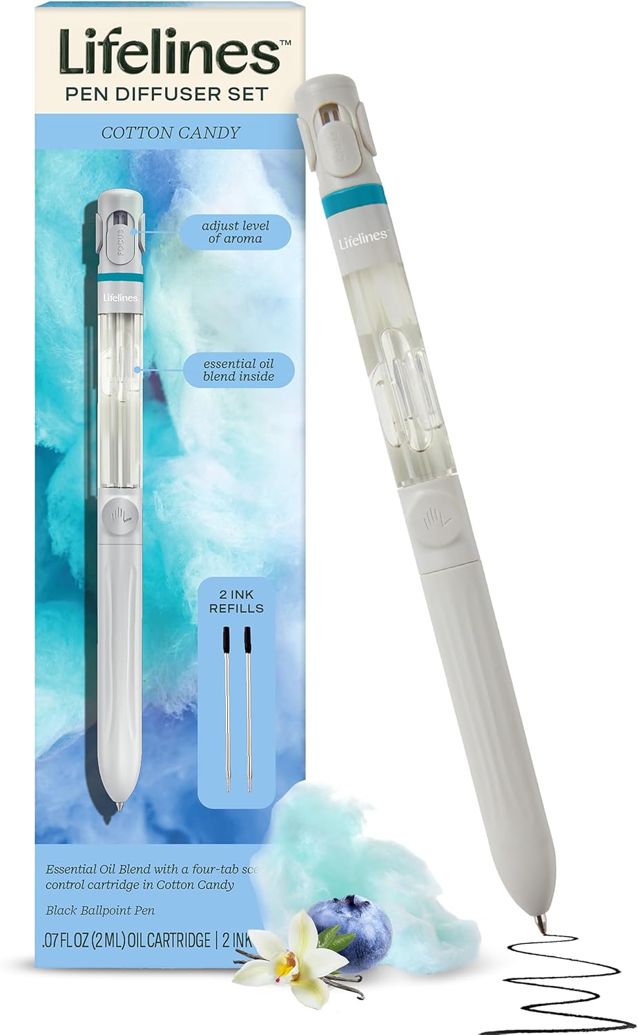 Lifelines Pen Diffuser Set, Cotton Candy - 1mm Black Ballpoint Pen with Scented Essential Oil Blend & 2 Ink Refills – Aromatherapy Diffuser & Sensory Immersion Diffuse Aroma As You Write