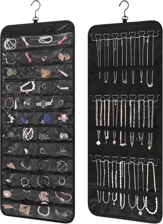 Bloss Hanging Jewelry Organizer with 48 Pockets, Double-Size Hanging Jewelry Holder with Hanger Hooks, Jewelry Organizers and Storage for Earrings, Necklaces and Rings.(All Black)