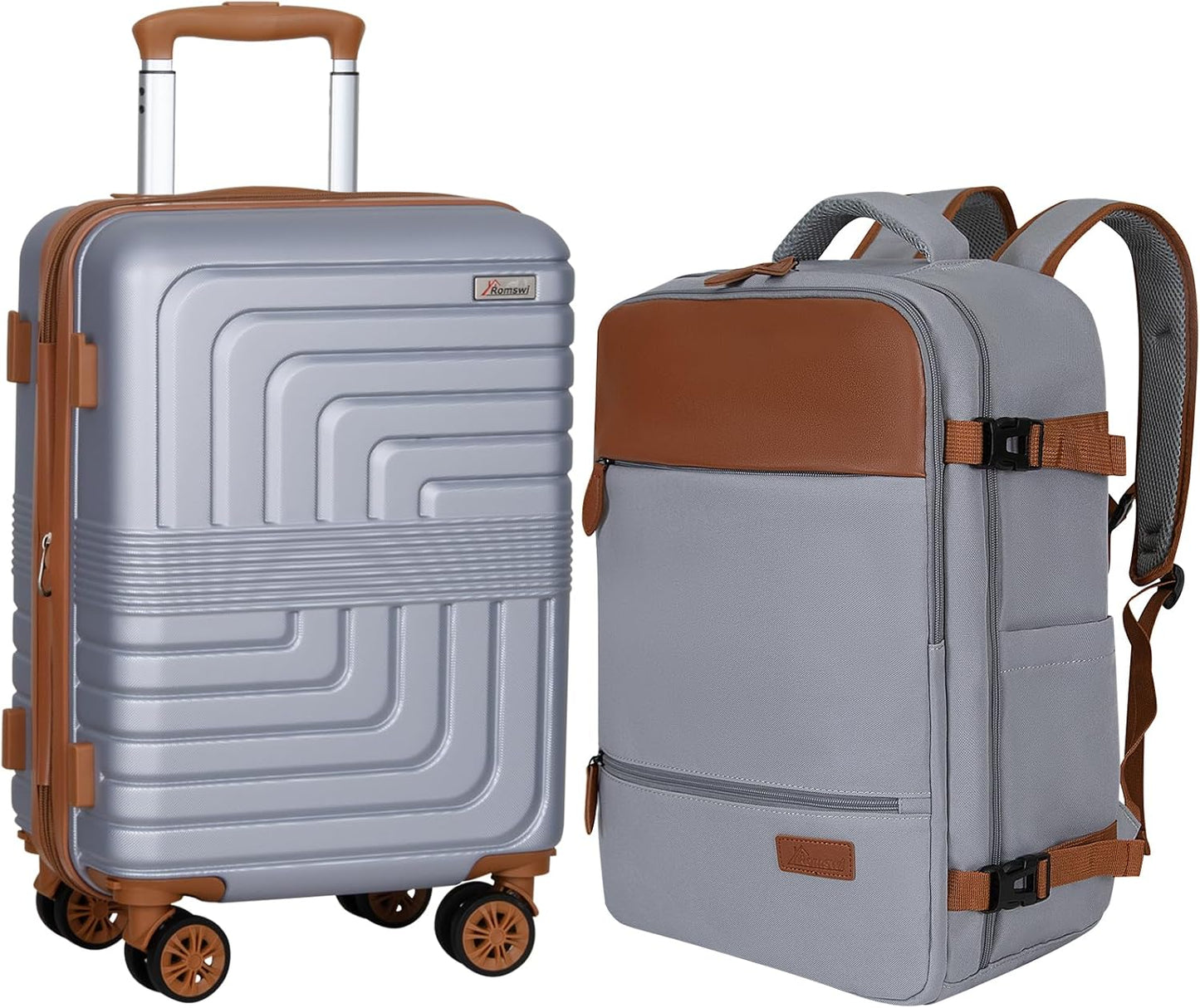 Romswi Luggage Sets 2 Piece, Expandable Carry On Luggage 20In with Travel Backpack, PC+ABS Hardside Suitcase Set with TSA Lock, Durable Carry On Suitcase with Spinner Wheels Silver