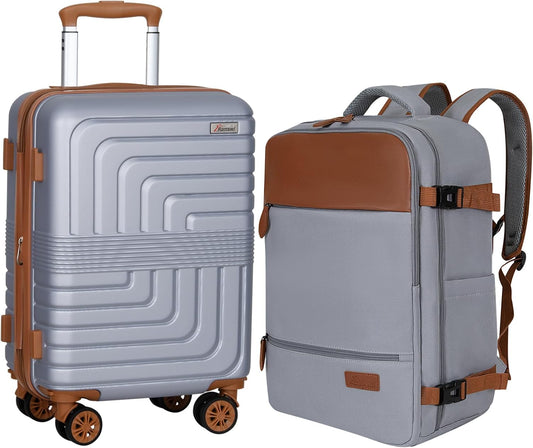 Romswi Luggage Sets 2 Piece, Expandable Carry On Luggage 20In with Travel Backpack, PC+ABS Hardside Suitcase Set with TSA Lock, Durable Carry On Suitcase with Spinner Wheels Silver