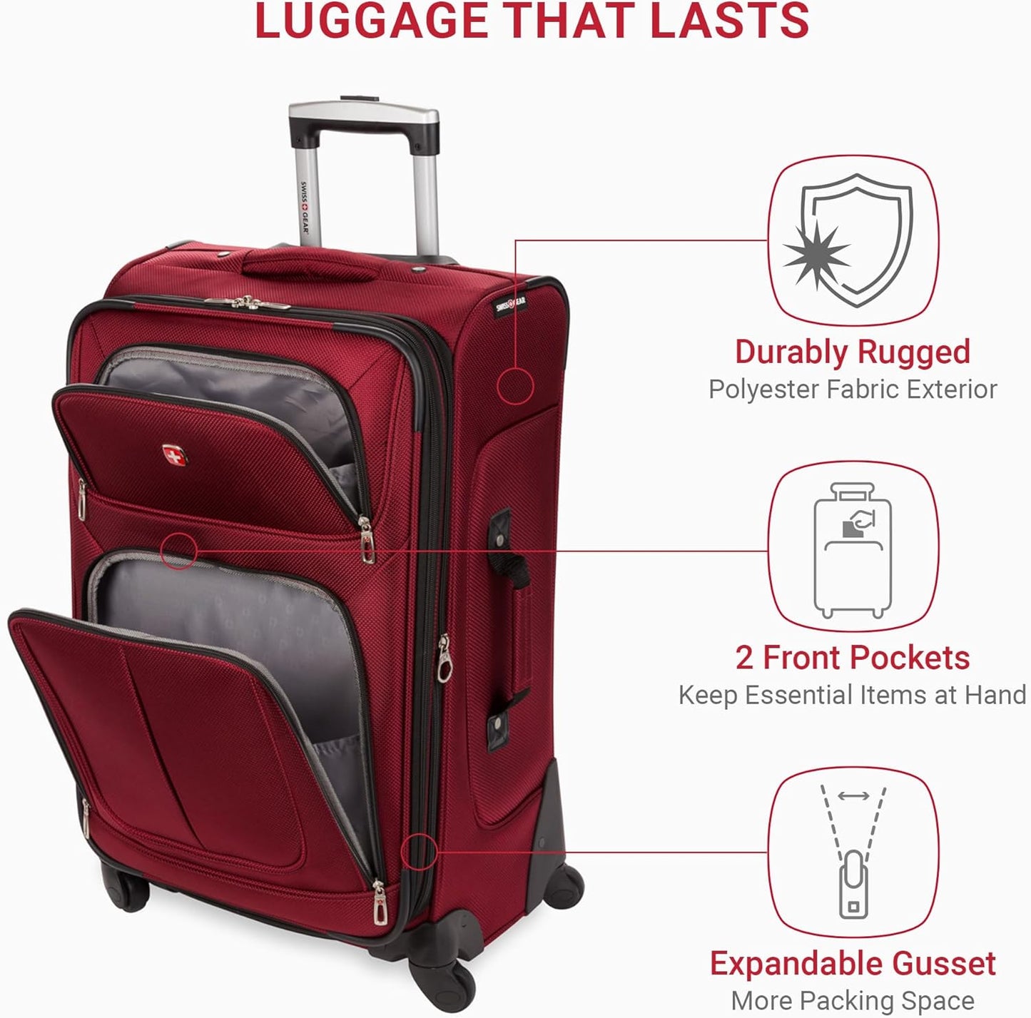 SwissGear Sion Softside Expandable Luggage – Medium Checked Suitcase with 360 Degree Wheels & Retractable Handle – 25 Inch, Perfect for 1-7 Night Trips – Burgundy