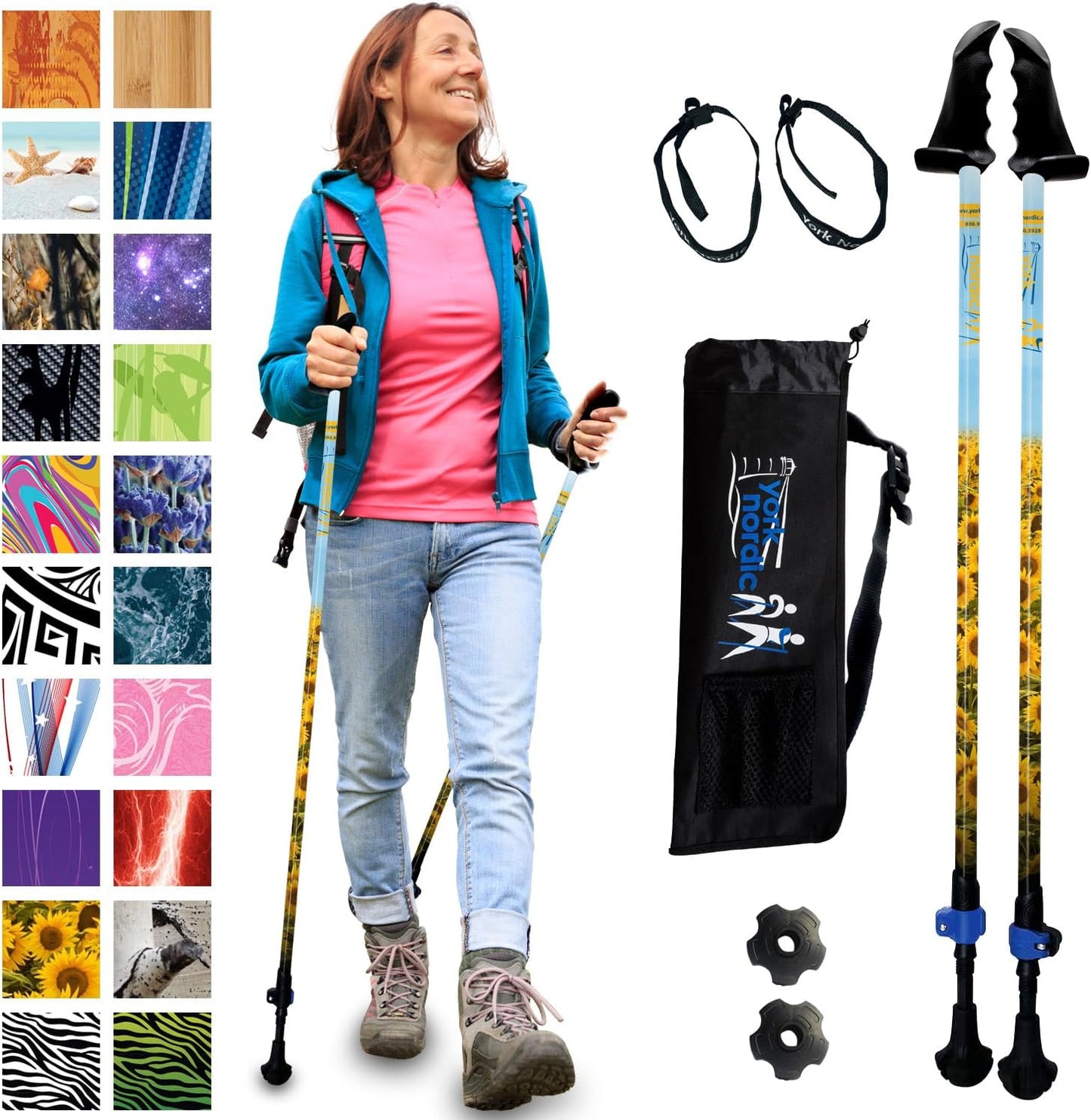 York Nordic Motivator Walking Poles for Balance and Rehab - Patented Stability Grips - Lightweight, Adjustable, and Collapsible - 2 Pieces Adjustable w/flip Locks - Heights 4'6" up to 6'2" - 230 lbs