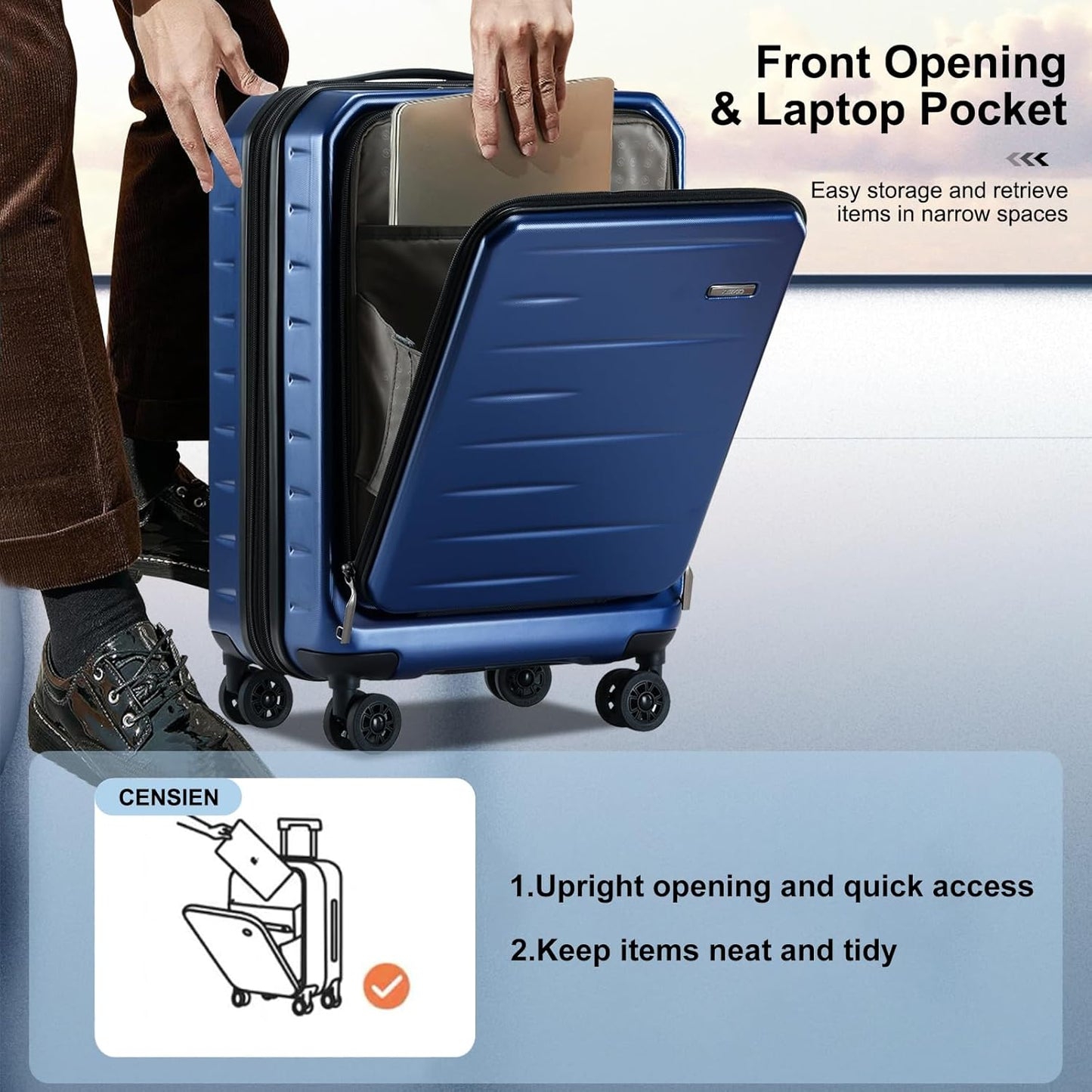 Expandable Carry On Luggage Airline Approved, 20 Inch Lightweight ABS+PC Hard Shell Suitcases with Front Pocket, Spinner Wheels, TSA Lock (Navy Blue, 1PC)