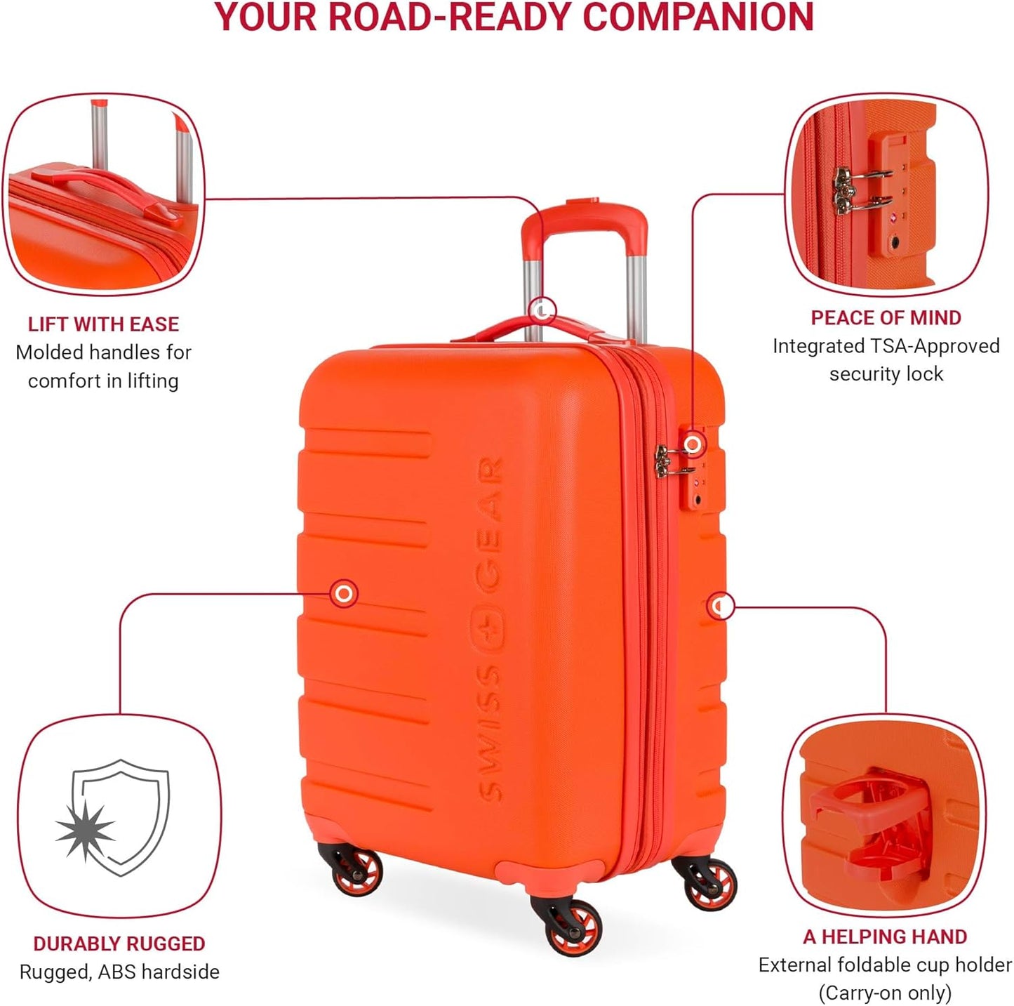 SwissGear 7366 Signature Hardside Expandable Luggage with Spinner Wheels, TSA Lock, Cup-Holder, Orange, Carry-On 19-Inch