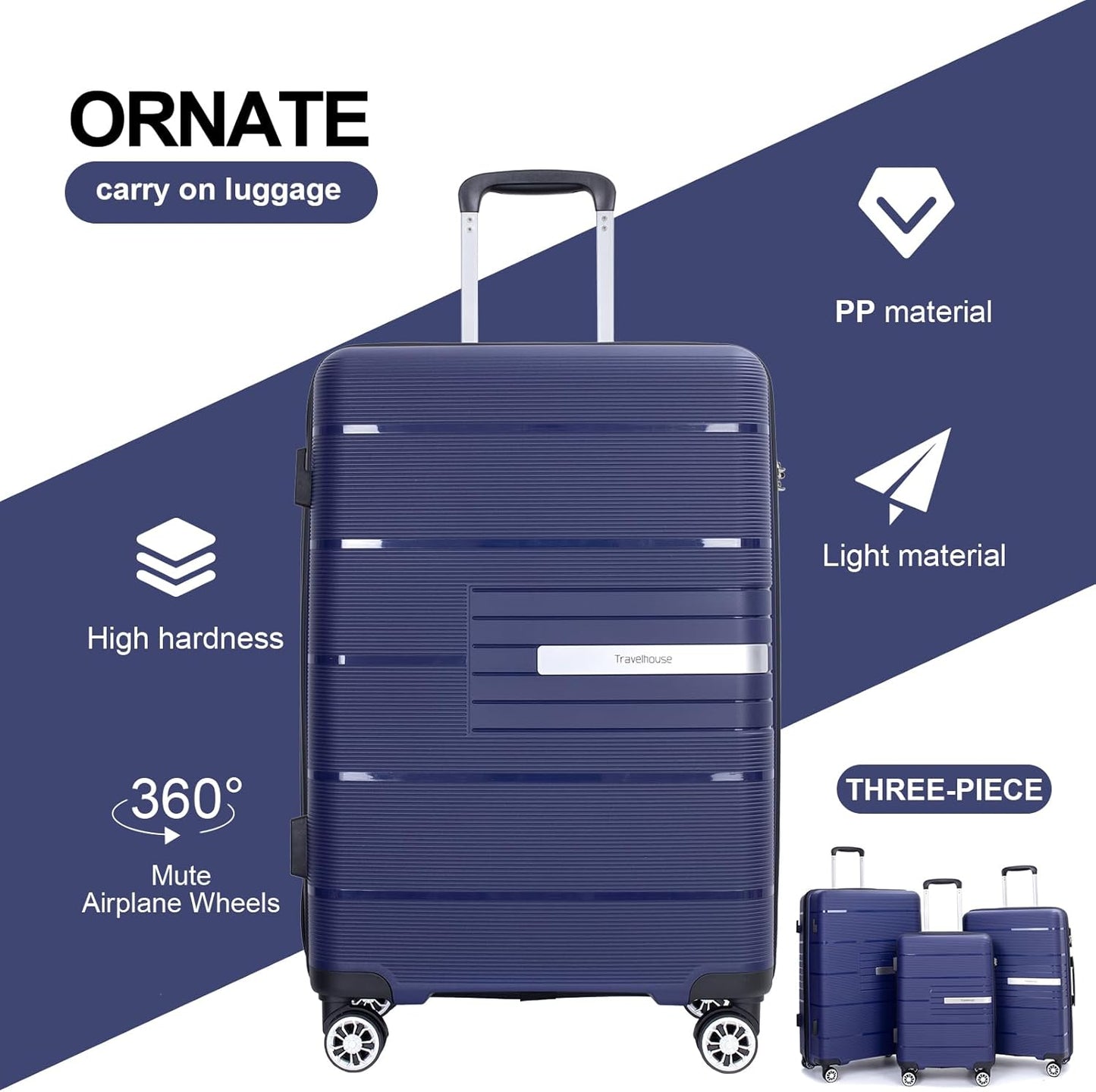 Luggage 3 Piece Sets Suitcase Set with Double Spinner Wheels, Lightweight Carry On Hardside Travel Luggage with TSA Lock, (20/24/28) (Navy)