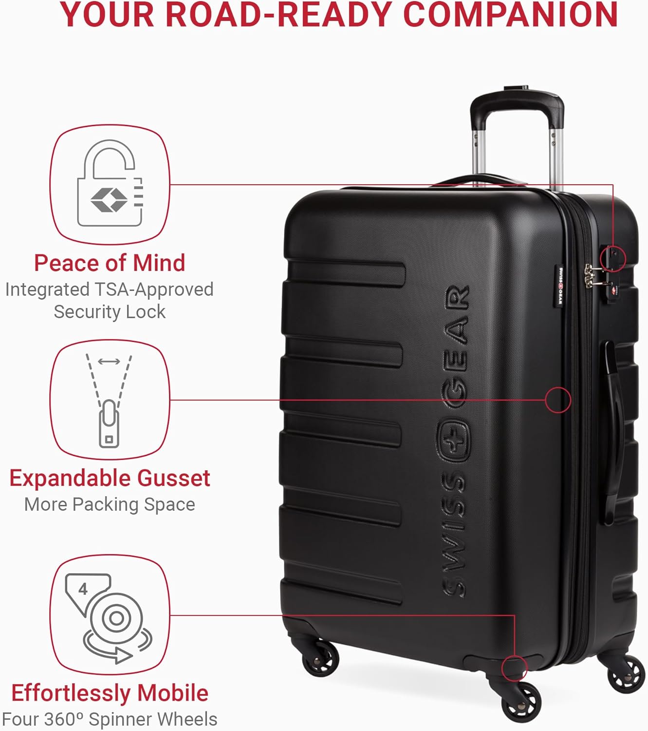 SwissGear 7366 Signature Hardside Expandable Luggage with Spinner Wheels, TSA Lock, Black, Checked-Medium 23-Inch