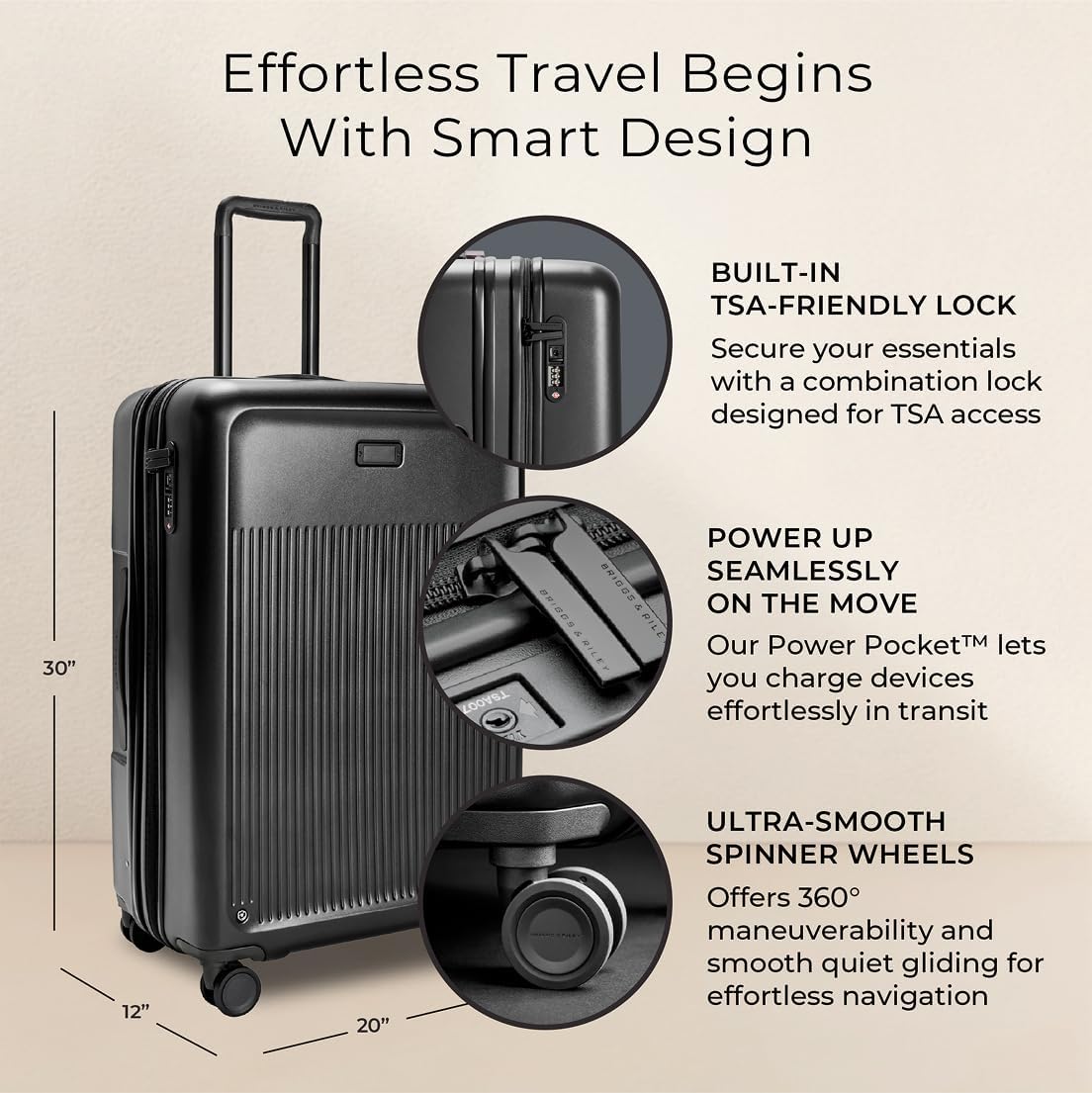 Briggs & Riley 30" Large Expandable Spinner - Checked Luggage for Travel, Suitcases with Wheels, Hardside Rolling Bag for Men & Women, Self-Repairing Zipper - Sympatico Collection, Black