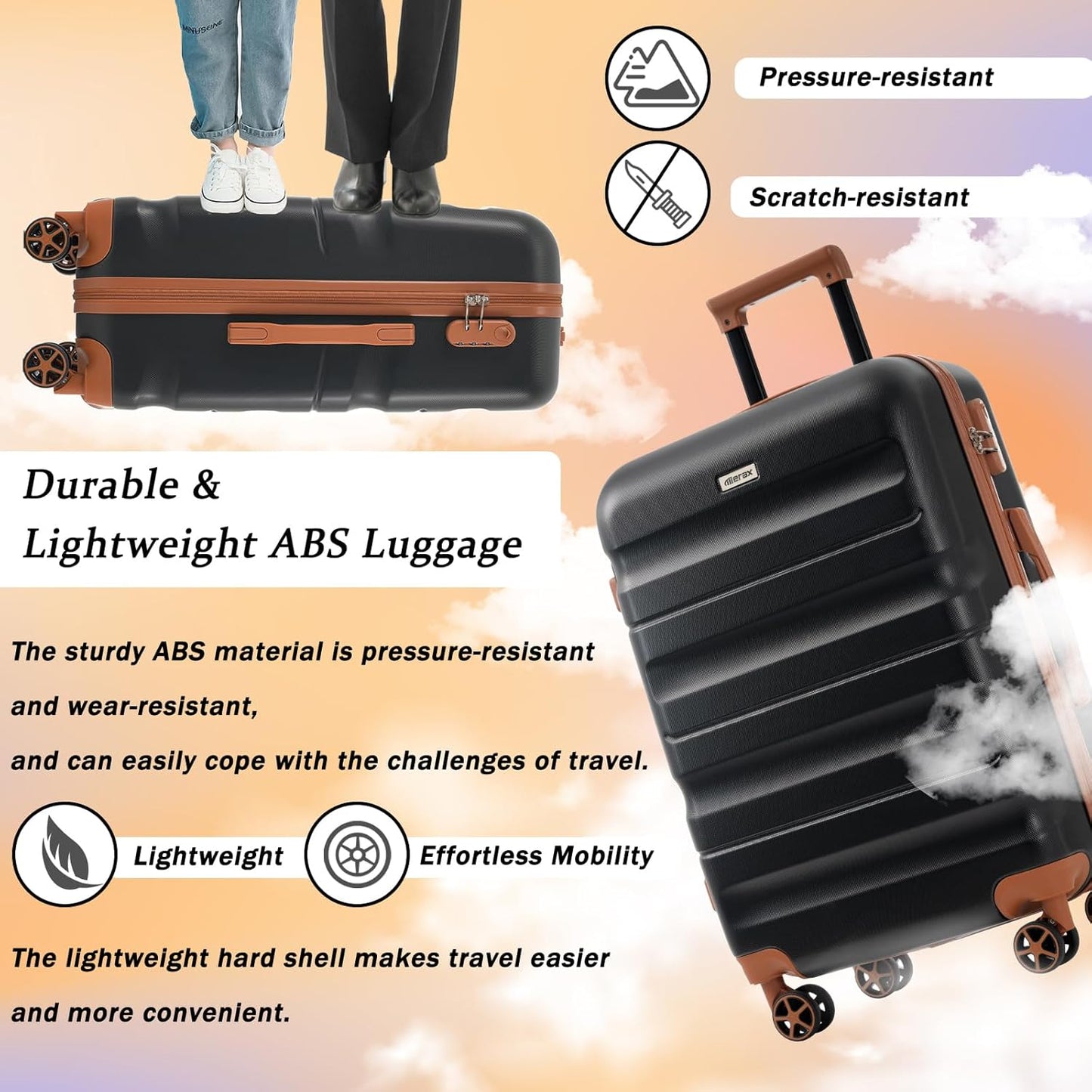 Merax Luggage Set 6 Piece, Hardshell ABS Suitcases with 8 Silent Spinner Wheels, Durable and Lightweight Travel Luggage for Family Trips, Black Brown