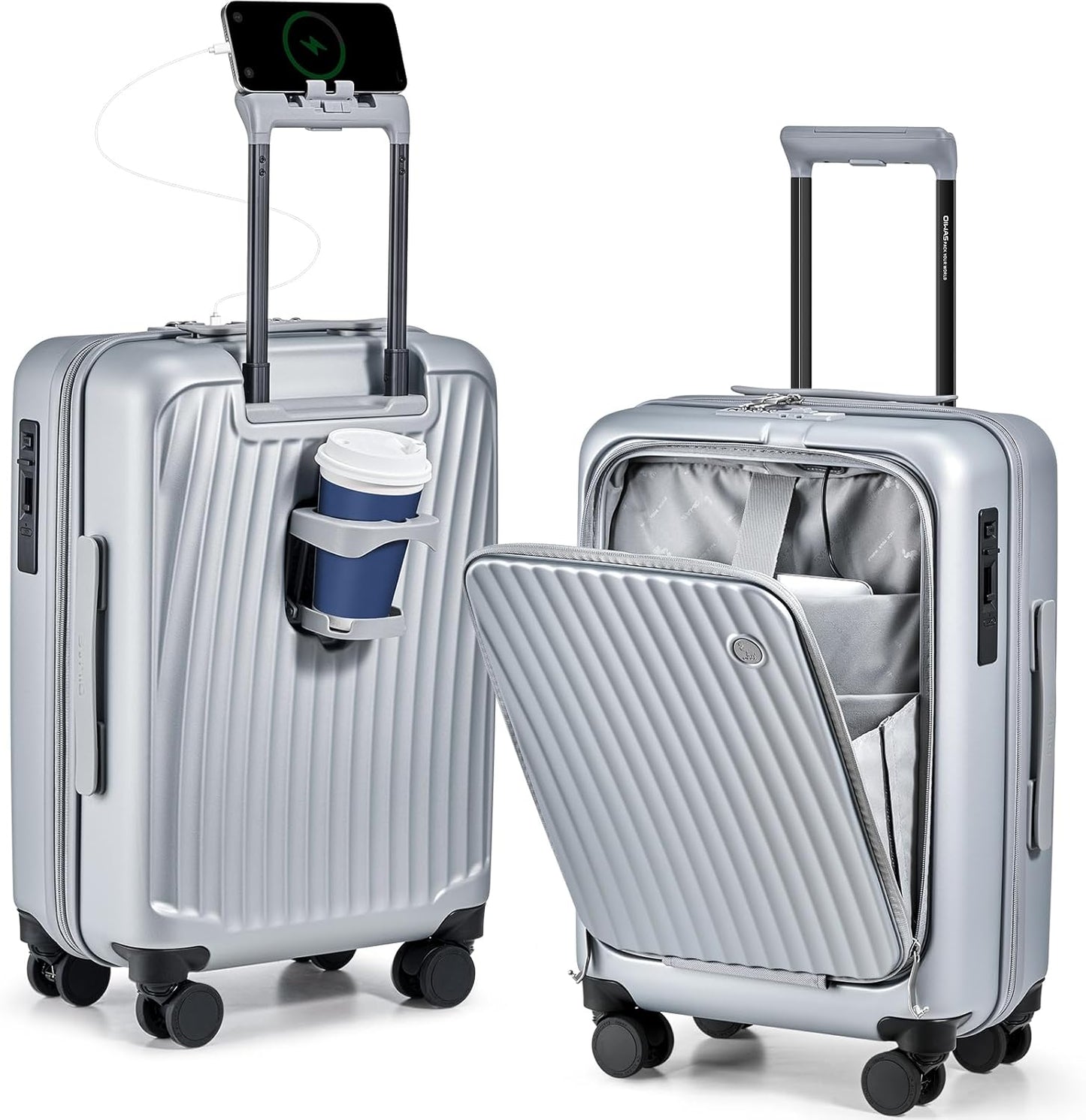 OIWAS 20 Inch Carry On Luggage, Front Pocket Carryon Suitcase with Phone Holder & Cup Holder, Airline Approved Hardshell Luggage with Double TSA Lock, USB Port, One-Click Brake, Silver