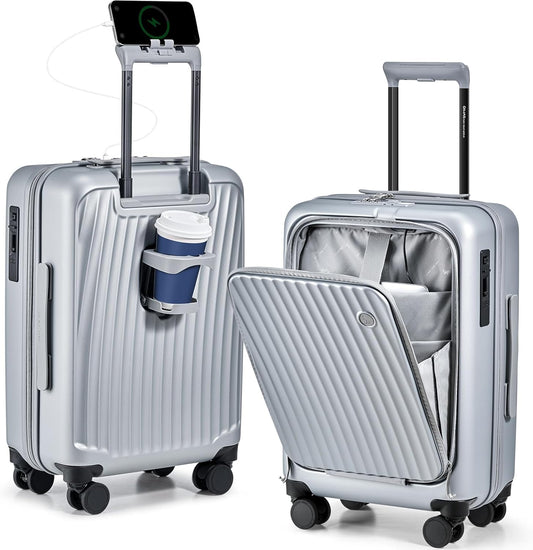 OIWAS 20 Inch Carry On Luggage, Front Pocket Carryon Suitcase with Phone Holder & Cup Holder, Airline Approved Hardshell Luggage with Double TSA Lock, USB Port, One-Click Brake, Silver