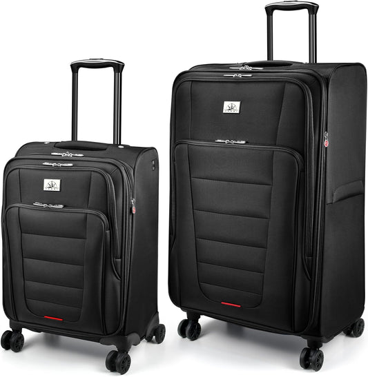 Verdi Luggage Sets of 2 Suitcase with Spinner Wheels Softside Expandable, Carry On Luggage with USB Port (Black, 2-Piece set(20/28))