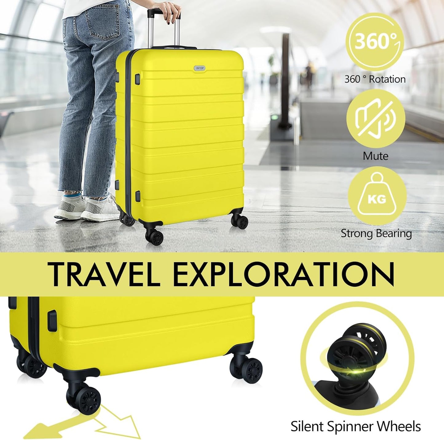 AnyZip Luggage PC ABS Hardside Lightweight Suitcase with 4 Universal Wheels TSA Lock Carry-On 20 Inch Yellow