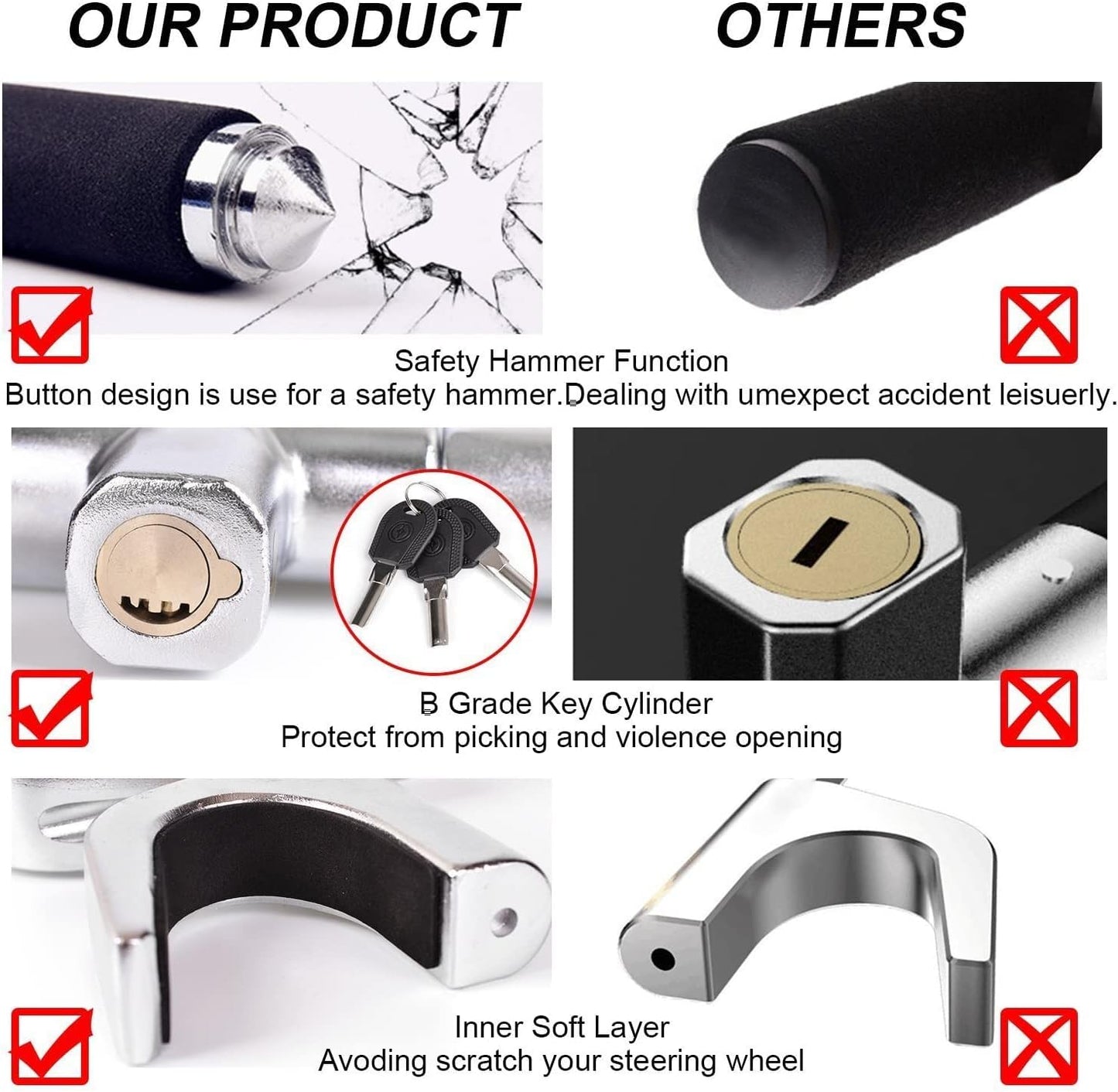 Tevlaphee Steering Wheel Lock for Cars,Wheel Lock,Vehicle Anti-Theft Lock,Adjustable Length Clamp Double Hook Universal Fit Emergency Hammer Window Breaker Self Defense Heavy Duty Secure