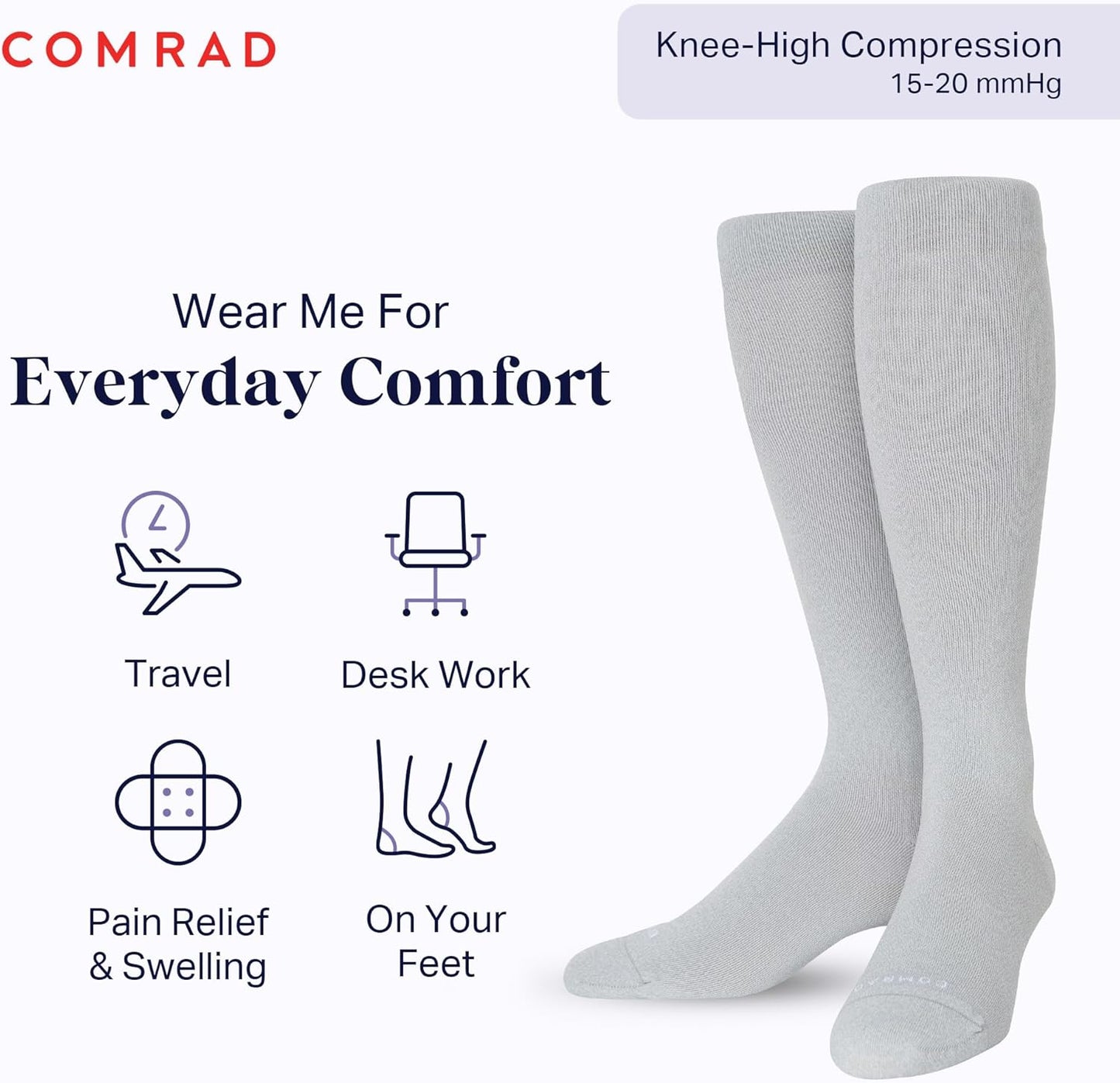 Comrad Nylon Knee High Socks - 15-20mmHg Graduated Compression Socks - Soft & Breathable Support Unisex Socks