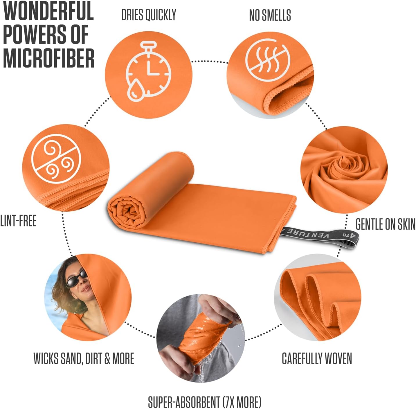 VENTURE 4TH Quick Dry Towel. Microfiber Travel Towel Ideal for Camping, Hiking, Backpacking, Gym. Lightweight & Fast Drying Travel Towels for Body. Compact & Easy to Pack - Orange Large