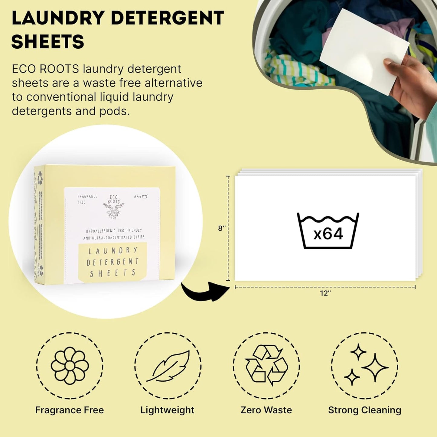 ECO ROOTS Laundry Detergent Sheets 64 loads | ECO FRIENDLY Unscented Sheets, Liquidless Travel Size Laundry Strips Detergent, Zero Waste Plastic Free Sustainable Washer Products