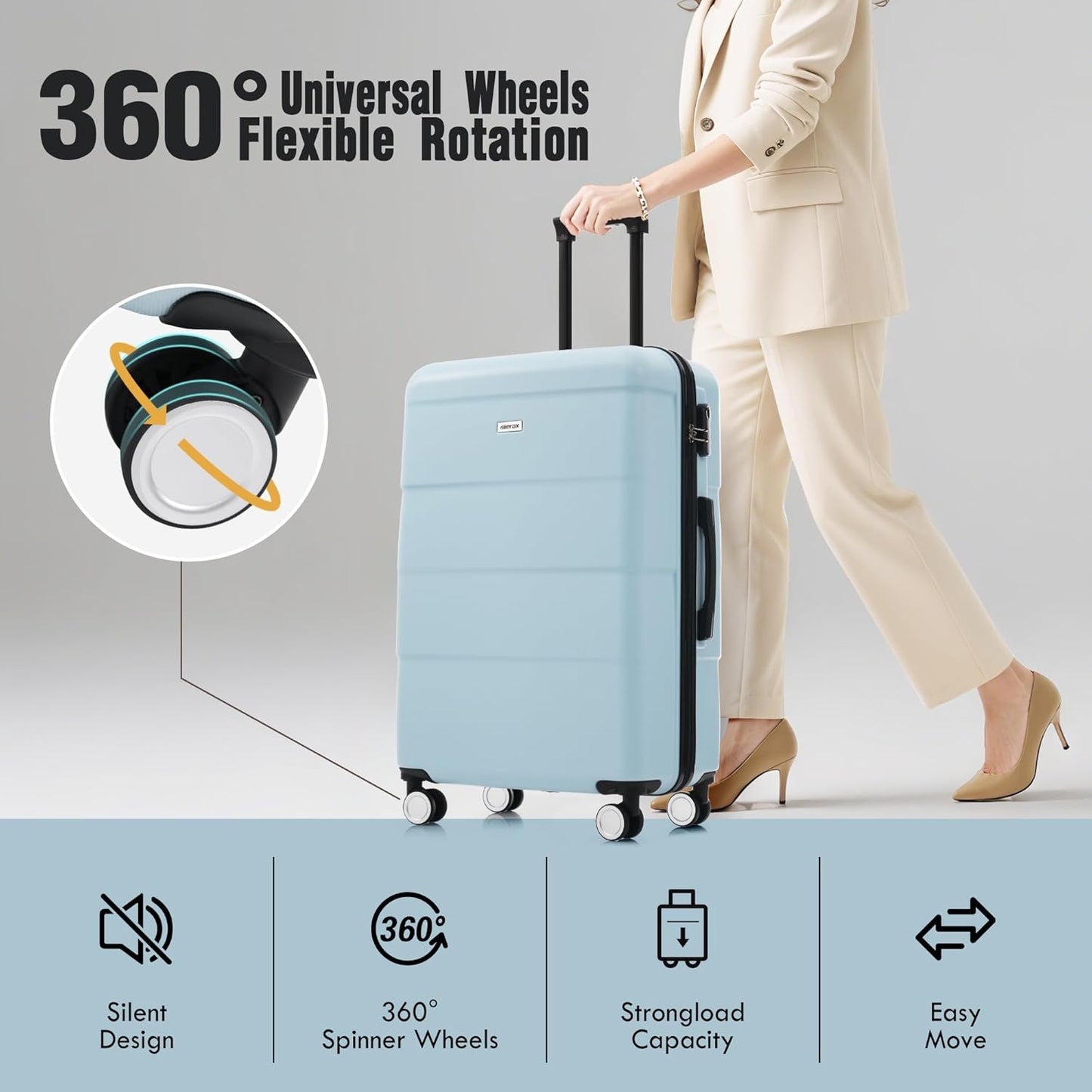 Merax Luggage Sets of 3 Piece Carry on Suitcase Airline Approved,Hardcase Suitcase Set with Double Spinner Wheels,Light Blue