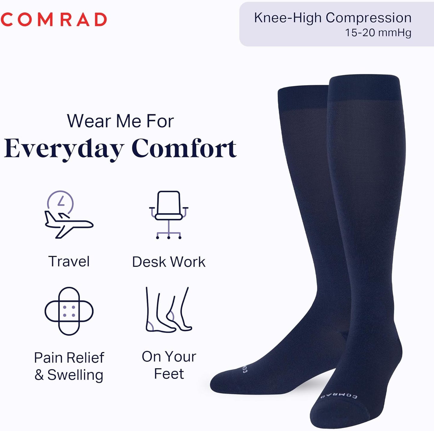 Comrad Nylon Knee High Socks - 15-20mmHg Graduated Compression Socks - Soft & Breathable Support Unisex Socks