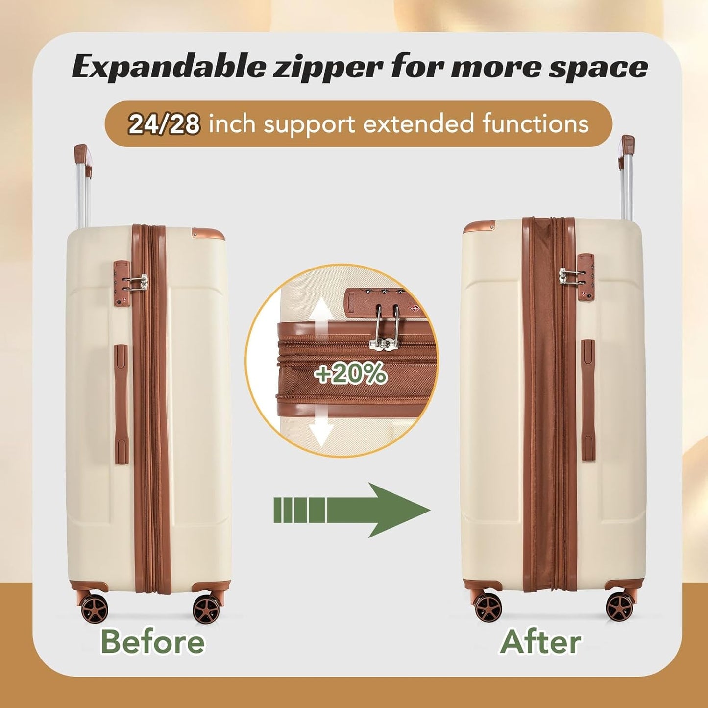 Merax 24 Inch Expandable Checked Luggage, Hardshell ABS Medium Suitcase with Spinner Wheels, TSA Lock, Lightweight Durable Travel Suitcase for Men Women(White Brown)