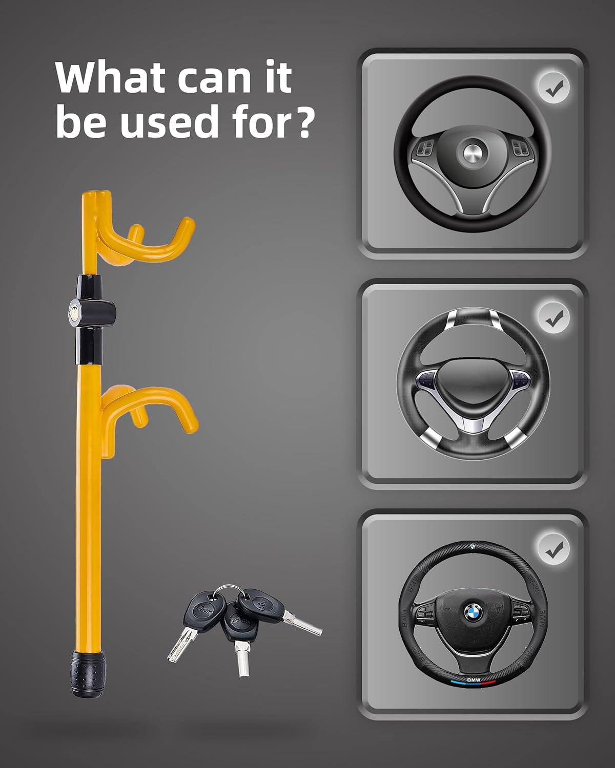 Dodomes Steering Wheel Lock Anti-Theft Heavy Duty Secure Car Device, Adjustable Length Clamp Double Hook Locks Universal Fit Yellow