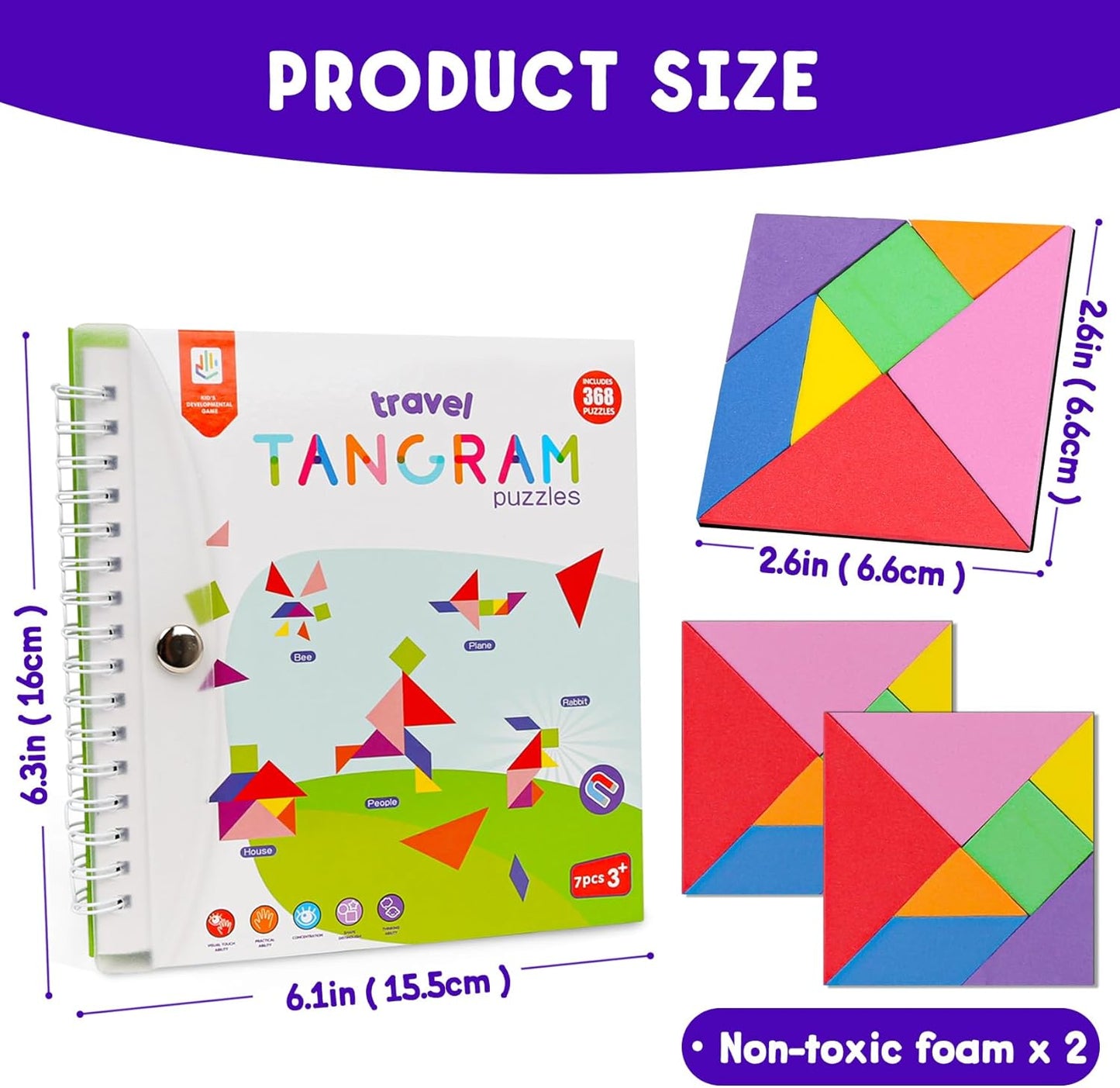Travel Tangram Puzzle with 2 Sets Magnetic Jigsaw Boards & 368 Patterns and Solutions, Montessori STEM Airplane & Road Trip Games, Educational Brain Teaser Toy Gift for Kids & Adults