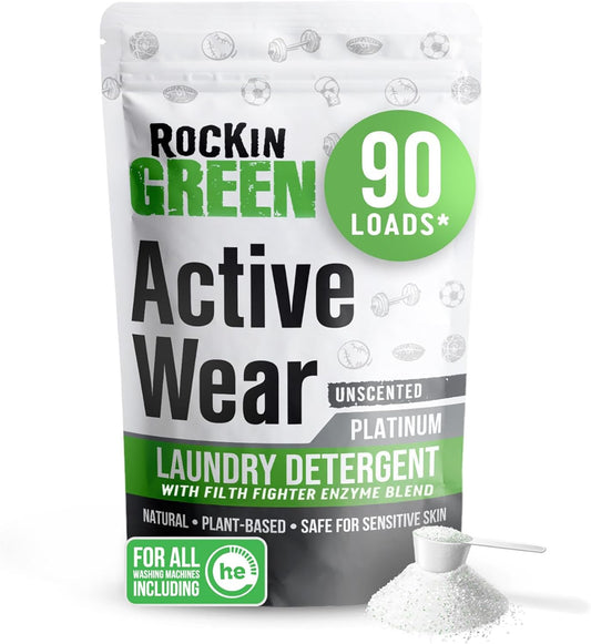 Rockin’ Green Active Wear Laundry Detergent - Unscented Laundry Detergent Powder & Odor Eliminator - Workout Clothes & Sportswear - Safe for Sensitive Skin - 90 Loads
