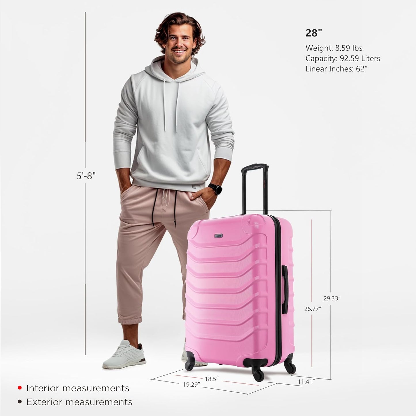 InUSA ENDURANCE Luggage with Spinner Wheels | Durable Lightweight Hardside Suitcase, Spacious Travel Bag with Handle and Trolley | 28-Inch Large Checked Luggage | Pink