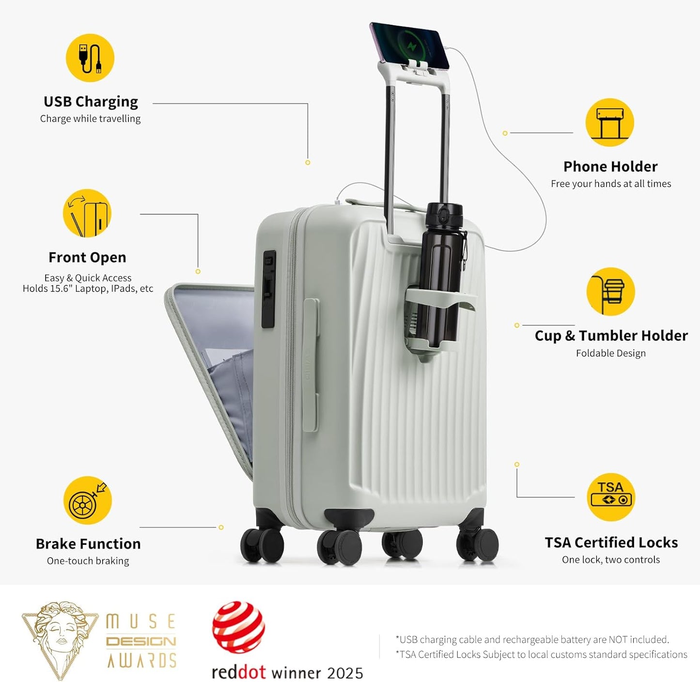 OIWAS 20 Inch Carry On Luggage, Front Pocket Carryon Suitcase with Phone Holder & Cup Holder, Airline Approved Hardshell Luggage with Double TSA Lock, USB Port, One-Click Brake, White