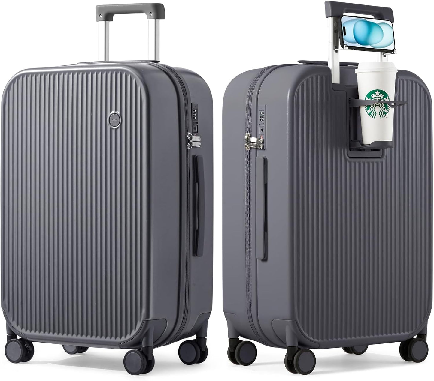 mixi Checked Luggage with Cup Phone Holder Hard Shell Rolling Travel Suitcase with Spinner Wheels,26 Inch Rock Grey