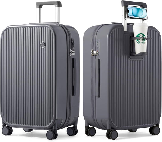 mixi Checked Luggage with Cup Phone Holder Hard Shell Rolling Travel Suitcase with Spinner Wheels,26 Inch Rock Grey