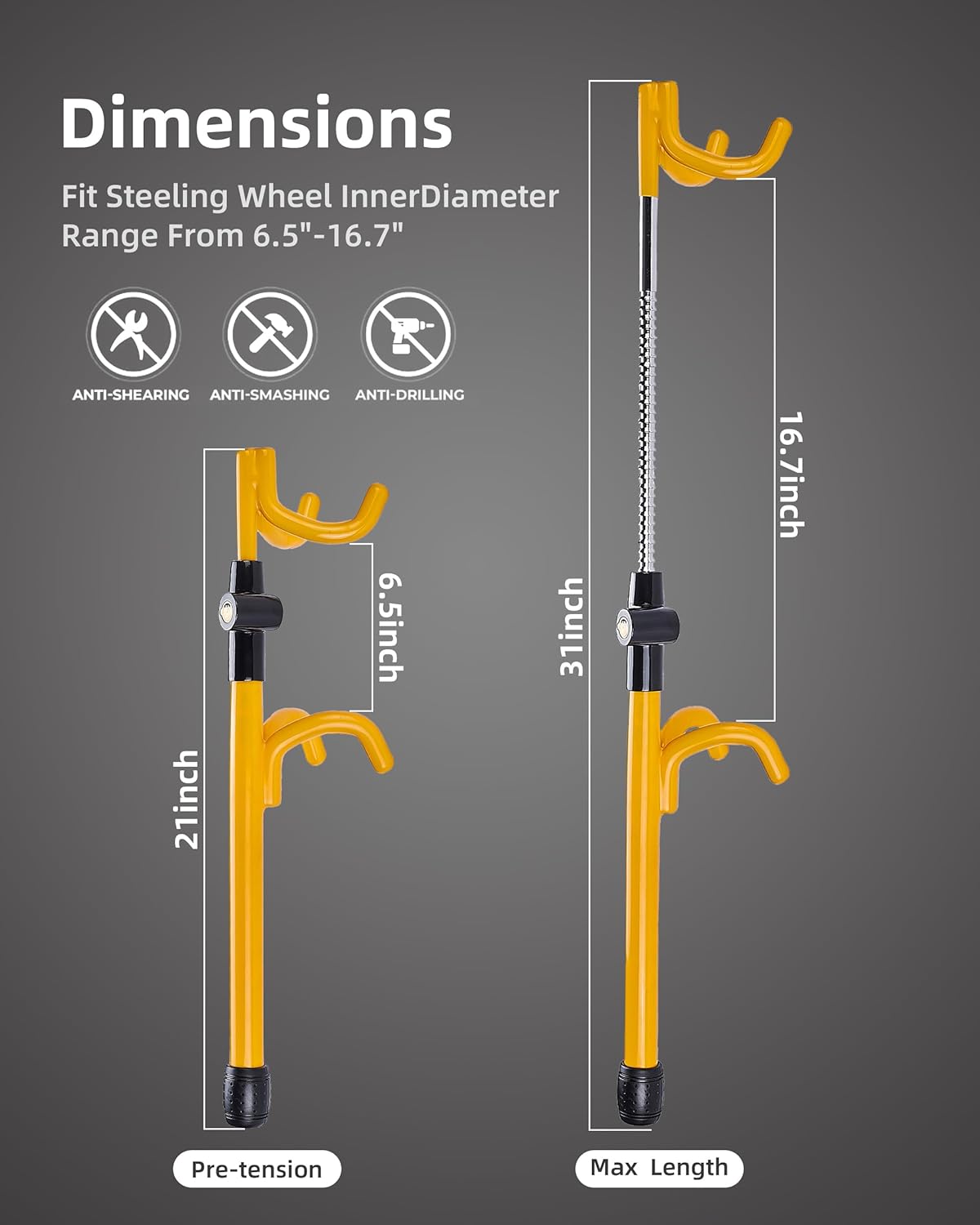 Dodomes Steering Wheel Lock Anti-Theft Heavy Duty Secure Car Device, Adjustable Length Clamp Double Hook Locks Universal Fit Yellow